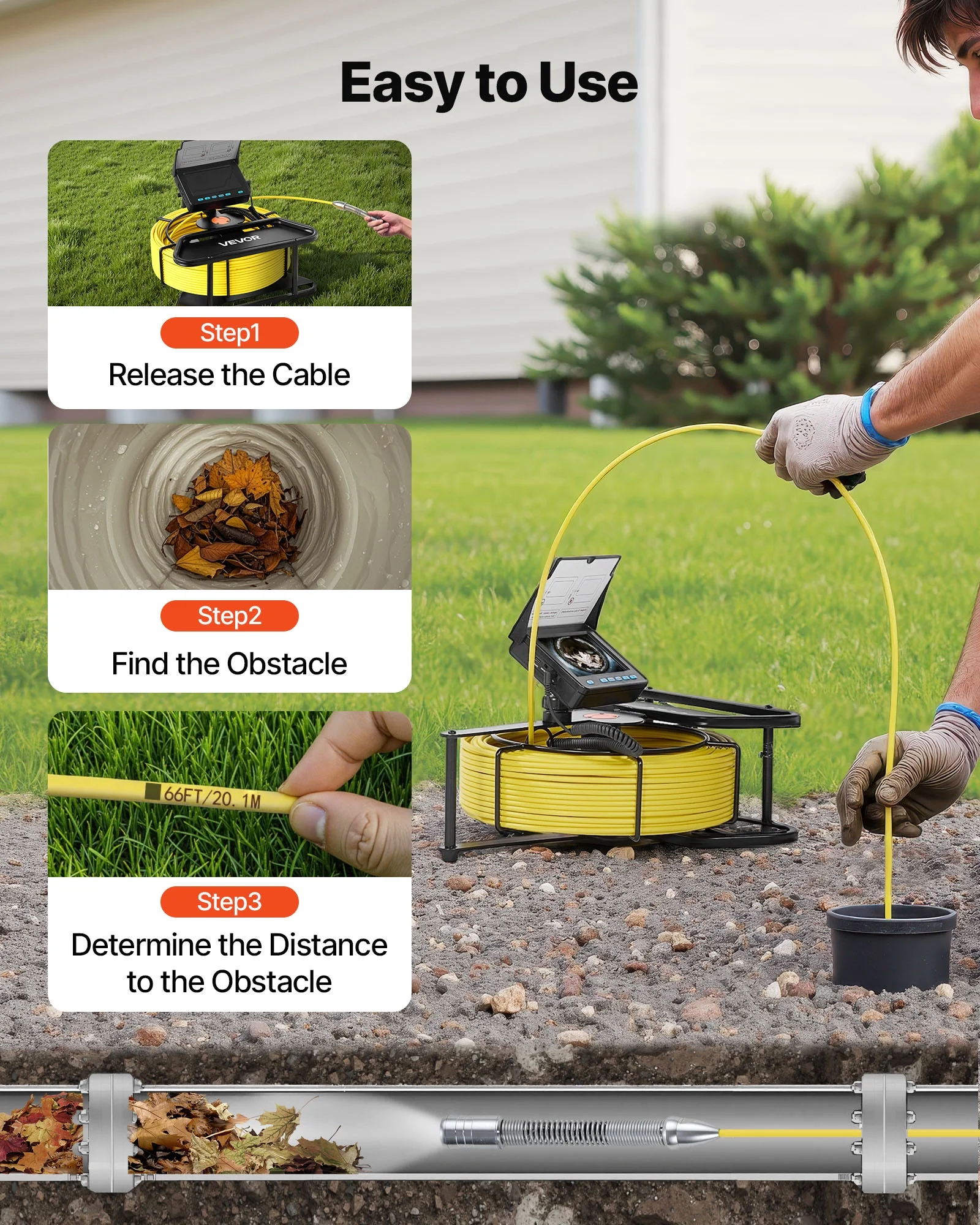 VEVOR Sewer Camera, 164 ft/50m, 4.3" Drain Inspection Camera, IP68 Waterproof Snake Plumbing Camera with Lights - 6 Adjustable LEDs, 4500mAh Battery & 16GB Card for Sewer Line Duct Pipes - Image 6