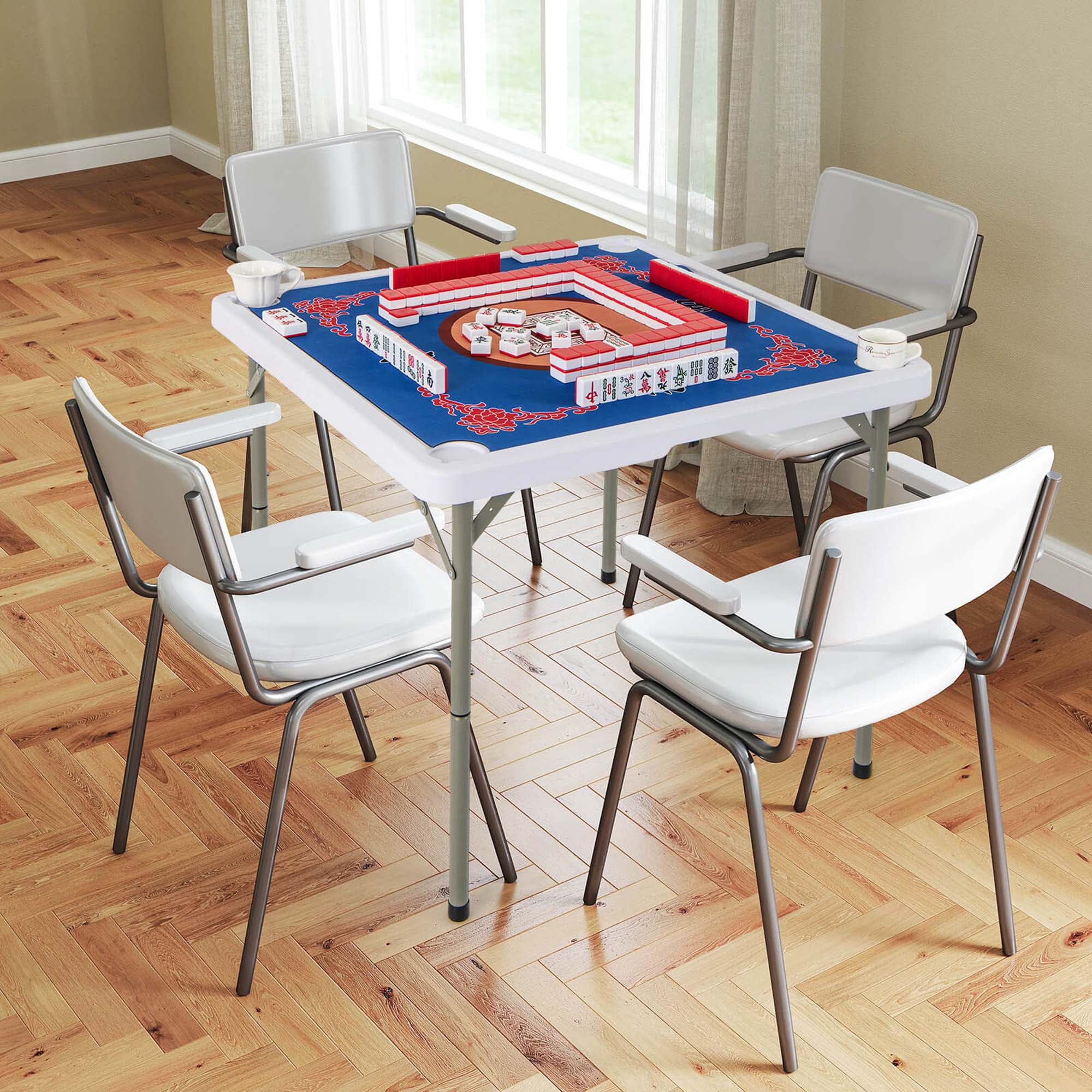 Costway 35" Folding Mahjong Table with Cup Holders & Smooth Felt Mat Carrying Handle Green - Image 23