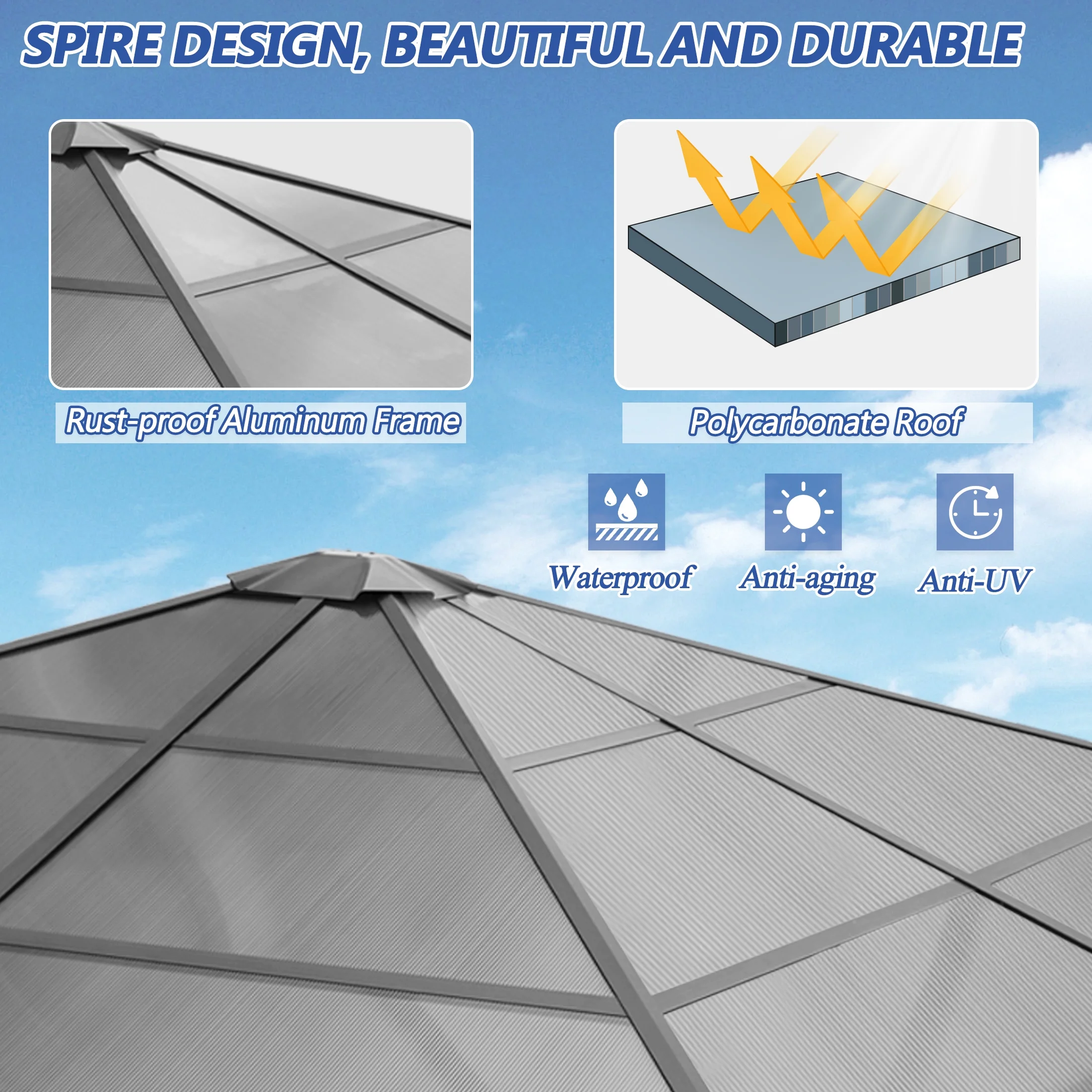 GARTOO 10' x 10' Hardtop Gazebo, Outdoor Polycarbonate Roof Gazebo with Steel Frame, Permanent Pavilion with Netting& Curtains - Image 9