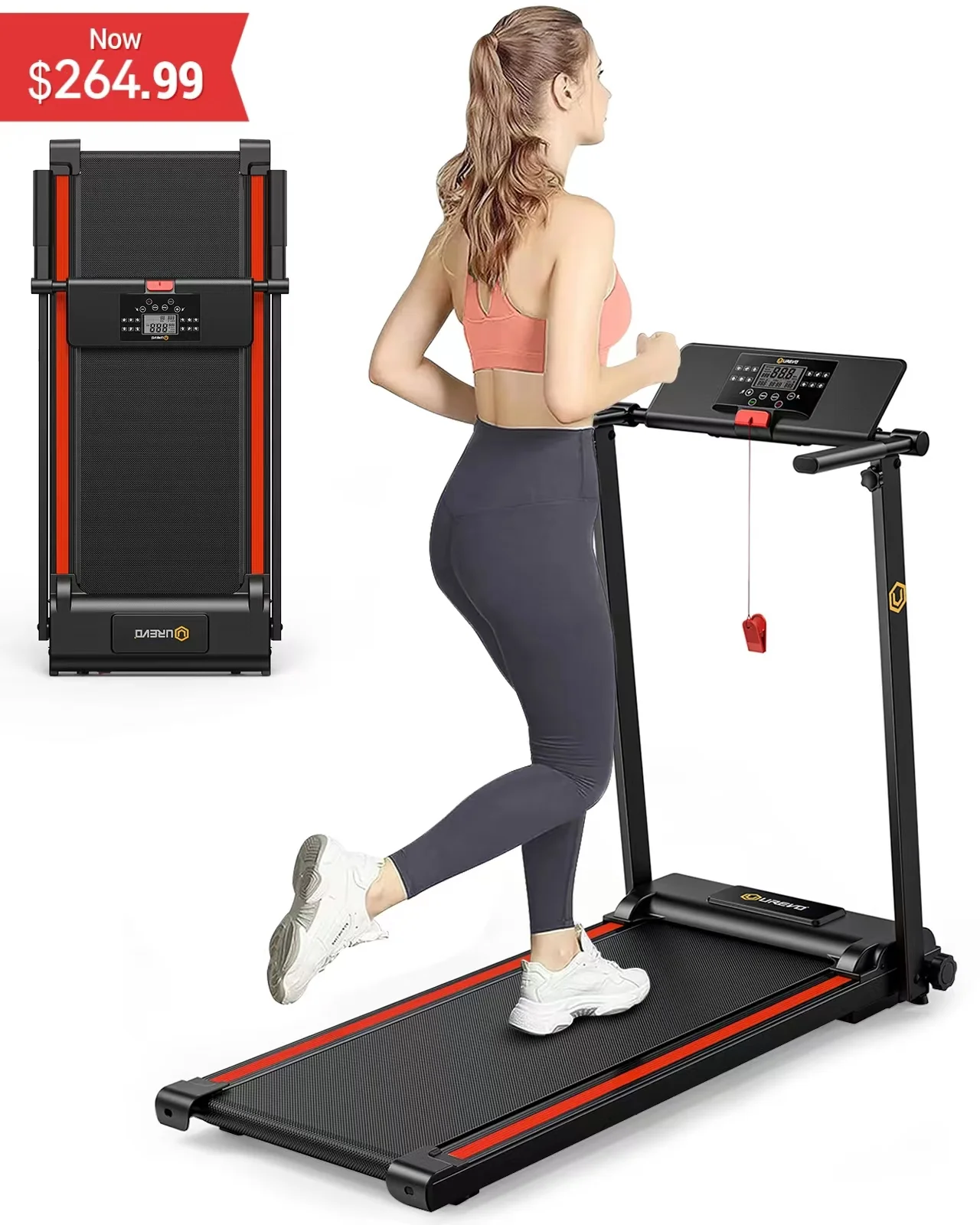 UREVO Folding Treadmill, 2.25HP Portable Mini Treadmills for Home Office, Compact Threadmill with 12 HIIT Modes, LCD Display, 265 lbs Capacity - Image 15