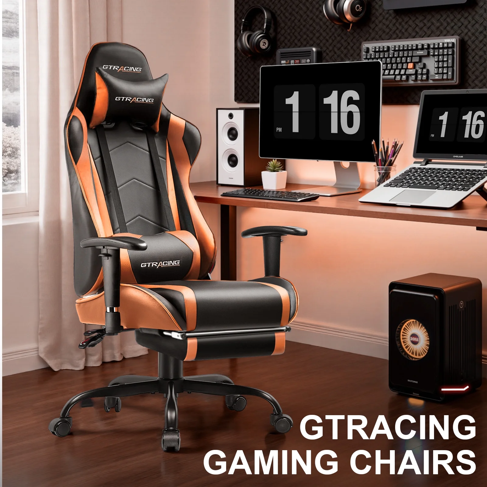 GTRACING Gaming Chair, Ergonomic Office Desk Chair with Lumbar Support, PU Leather, Footrest & Adjustable Headrest, Red - Image 45