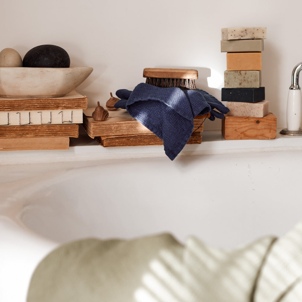Serviette de bain invité en lin - Nid d'abeille - Bleu Shibori