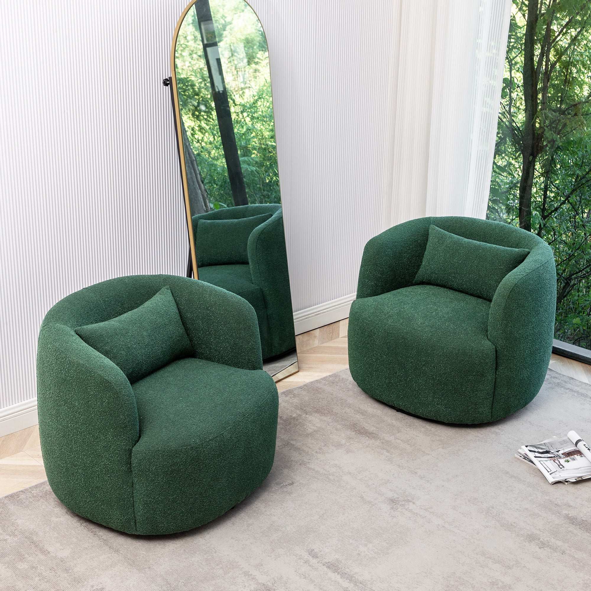 34" Wide Boucle Swivel Barrel Chair, No Assembly Round Upholstered Armchair Accent Chair Single Sofa Chair with Toss Pillow for Living Room and Bedroom, Taupe - Image 33