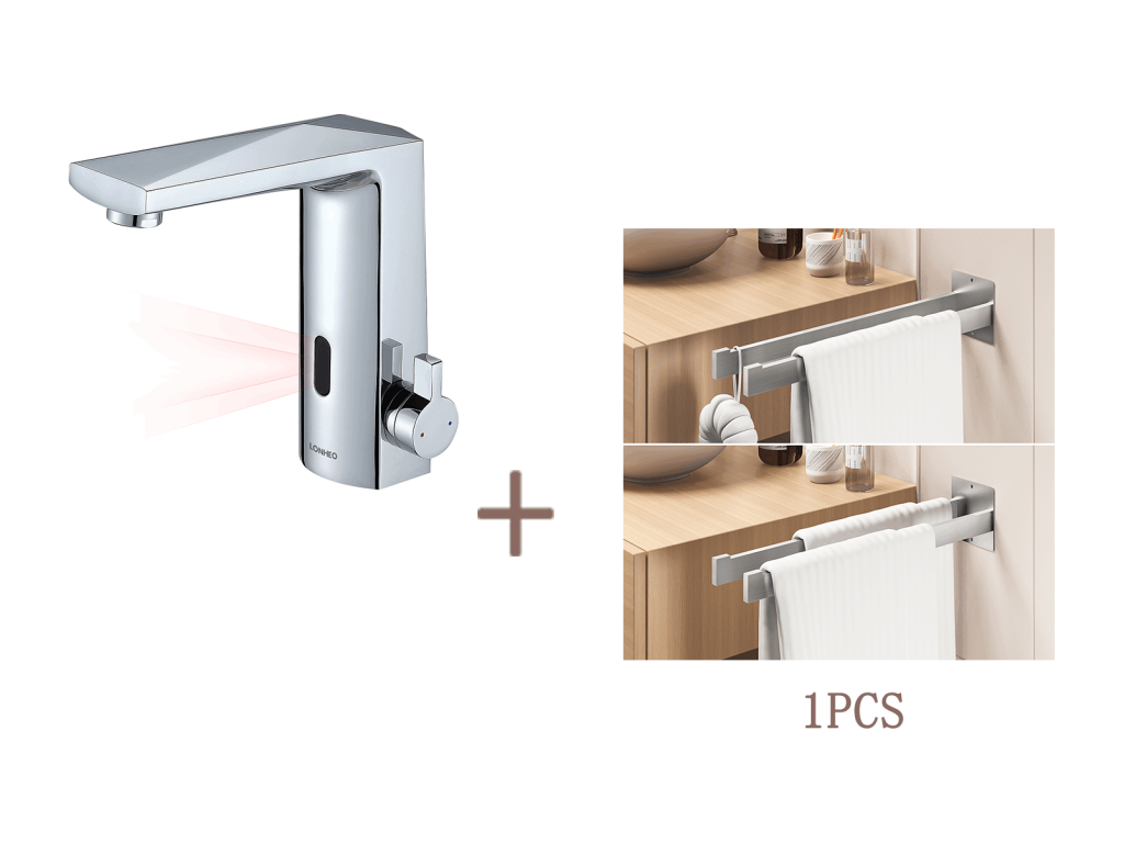 Mubdelu Mezclador Lavabo Sensor Infrarrojo Inteligente Automático,Agua Caliente/Fría,Cromado+Porta Toalla Baño Adhesivo/Perforación,Cepillado