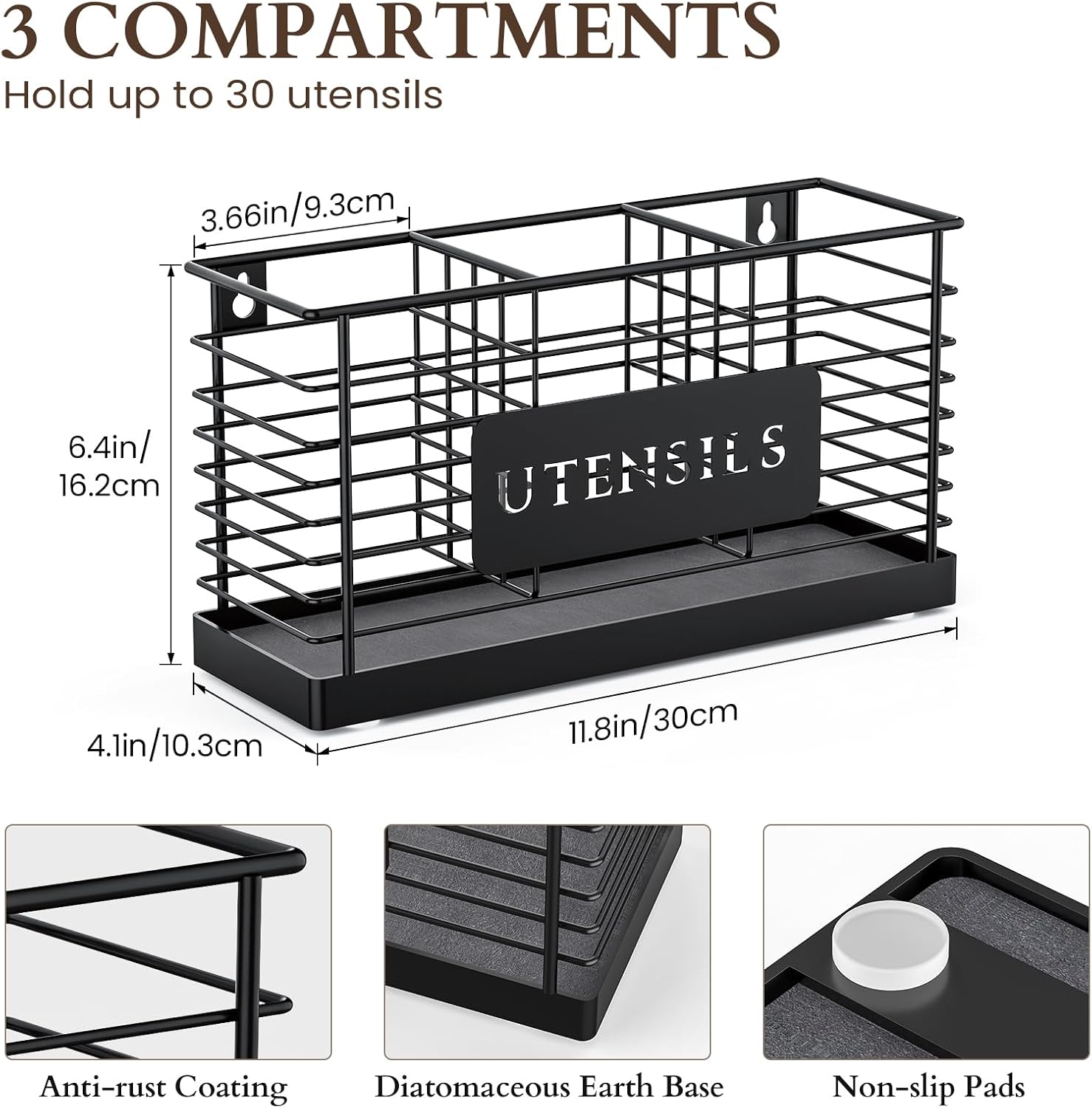 THYGIFTREE Utensil Holder for Kitchen Counter with Diatomaceous Earth Base, Large Black Metal Cooking Tool Organizer with 3 Compartments, Countertop Utensil Holder for Spatula and Kitchen Utensils