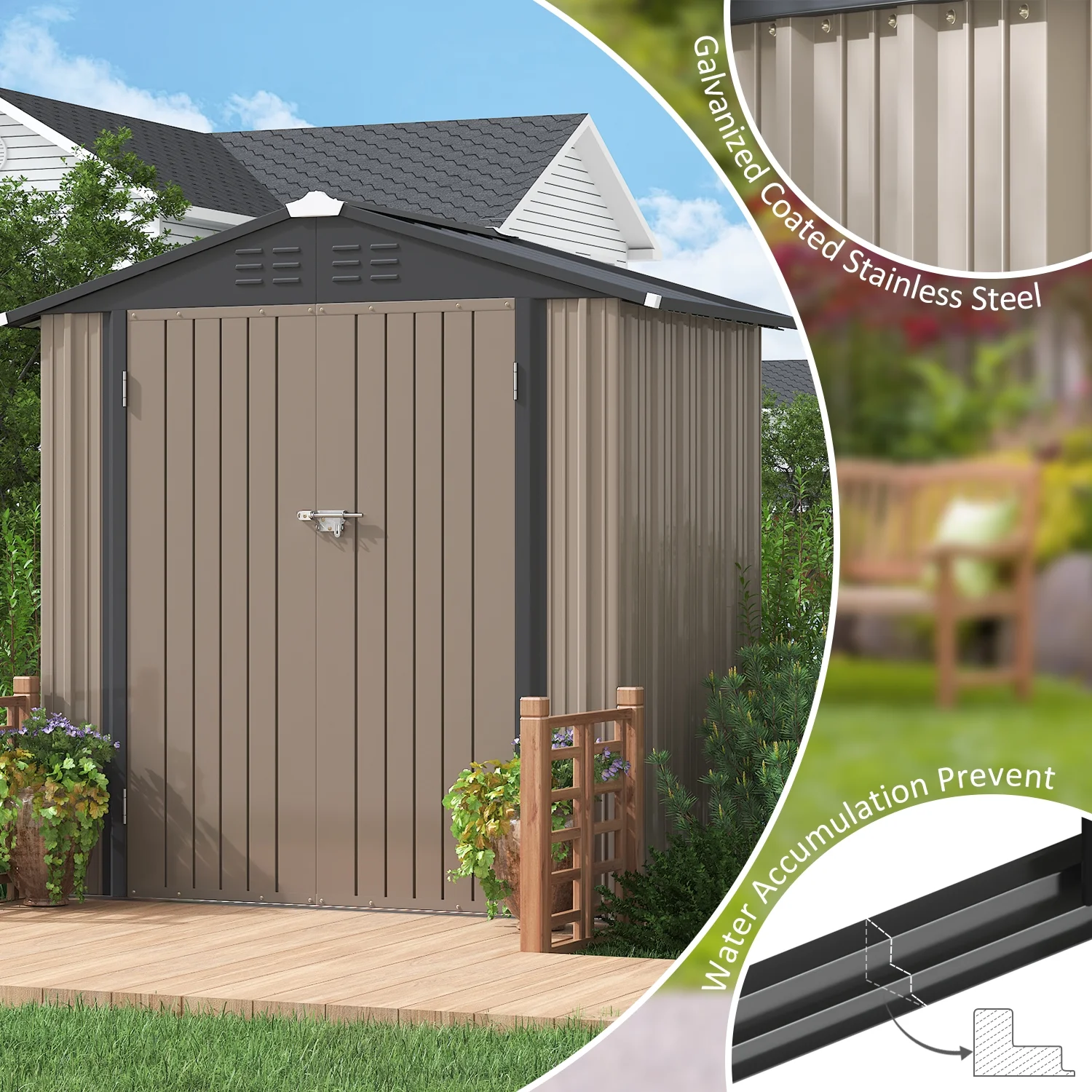 LACOO 4' x 6' Outdoor Storage Metal Shed for Tool Storage, Outdoor House for Backyard & Garden,Brown - Image 8
