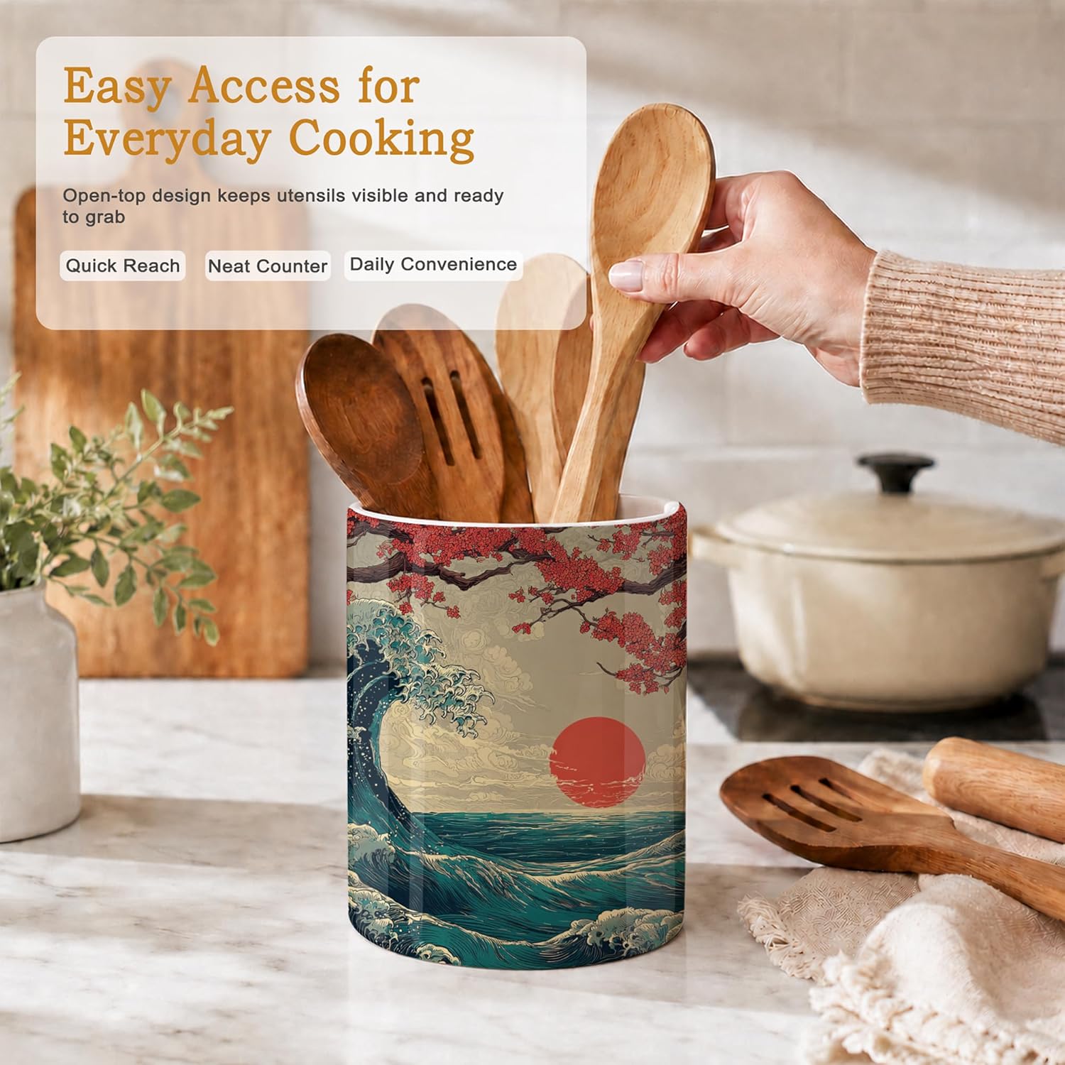 Japanese Waves Kitchen Utensil Holder,Sunrise Cherry Blossoms Ceramic Utensil Crock for Countertop,Cooking Tools Storage jar for Spatulas and Spoons,Housewarming Gifts 6.3