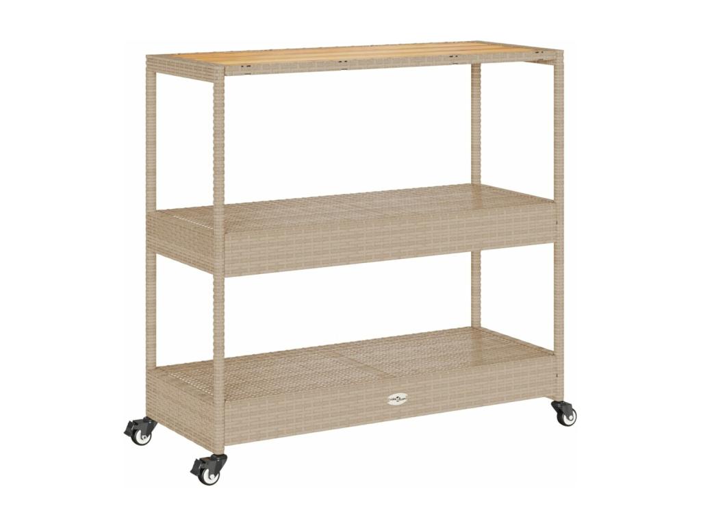 Carrito de bar 3 niveles ratán PE y madera maciza acacia beige