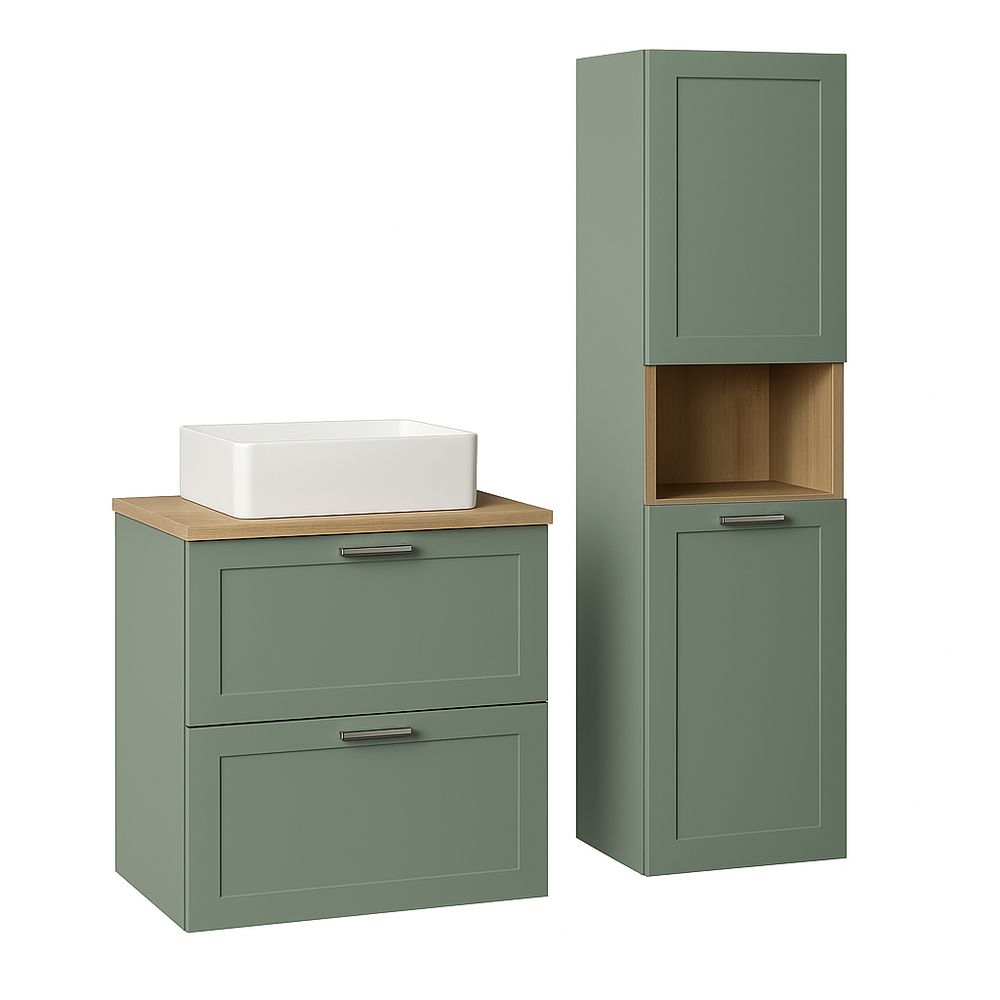 Conjunto de muebles de baño moderno,lavabo de cerámica blanco,armario alto de almacenamiento,estilo escandinavo,color verde mate,120 cm de ancho