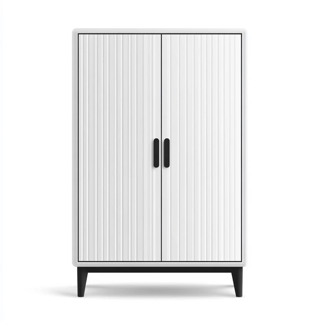 Moderno armario alto de madera blanca con puertas dobles y patas negras con mucho espacio de almacenamiento.