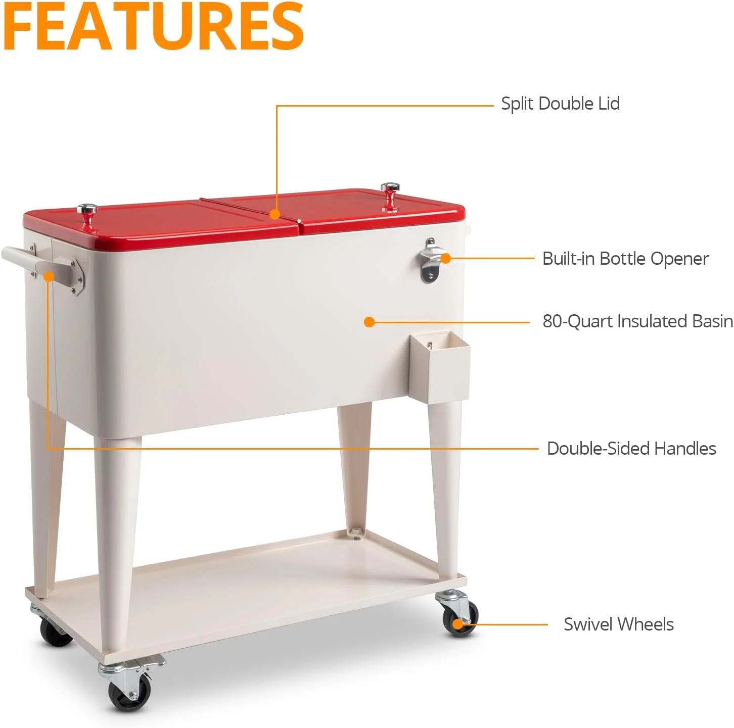 80 Quart Rolling Ice Chest, Portable Bar Drink Cooler with Catch Basin, Bottom Storage Tray and Bottle Opener for Patio Party BBQ Beach Activities - Image 21