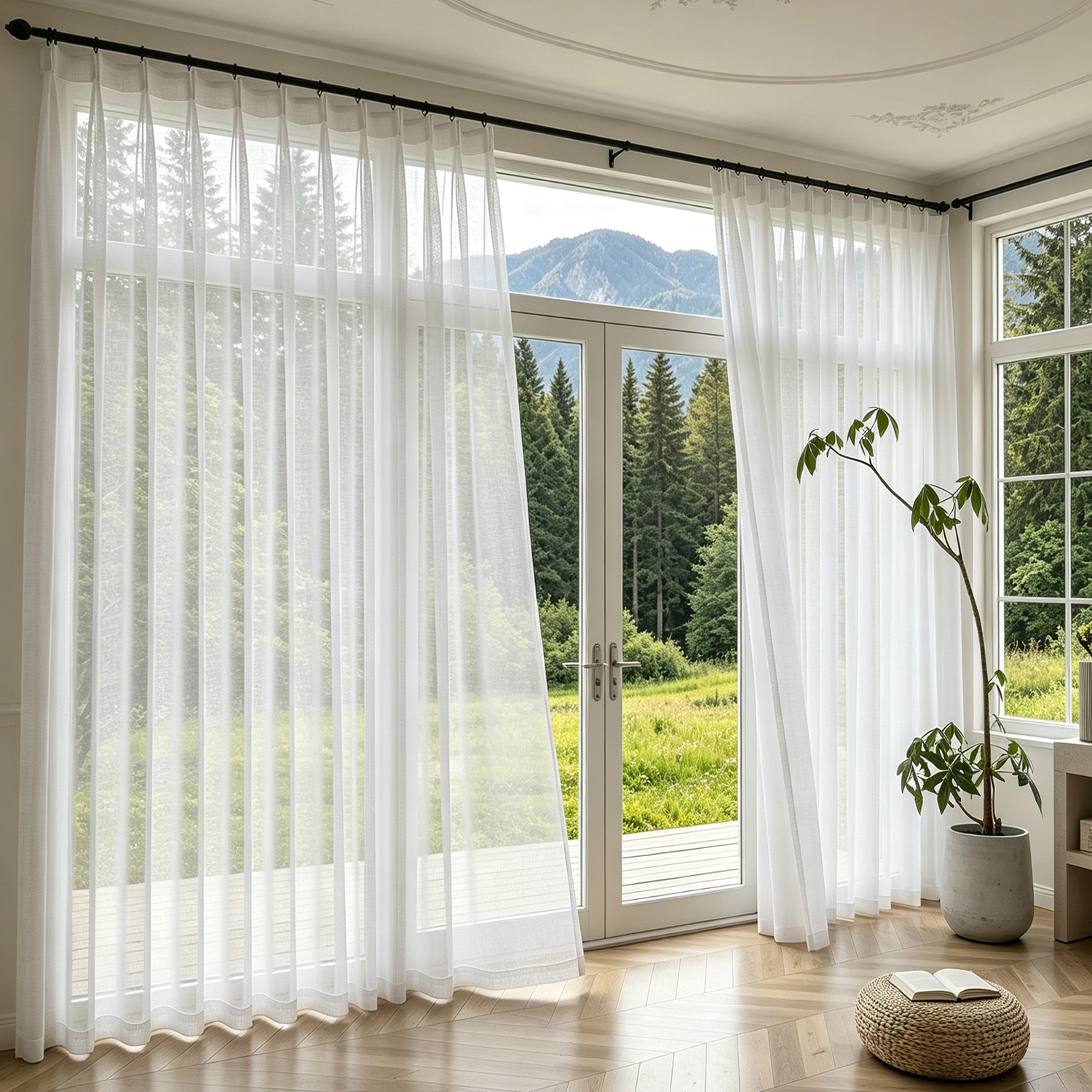 Lightweight White Linen Look Curtains Breathable Flax Fabric Polyester for Home and Hotel Use