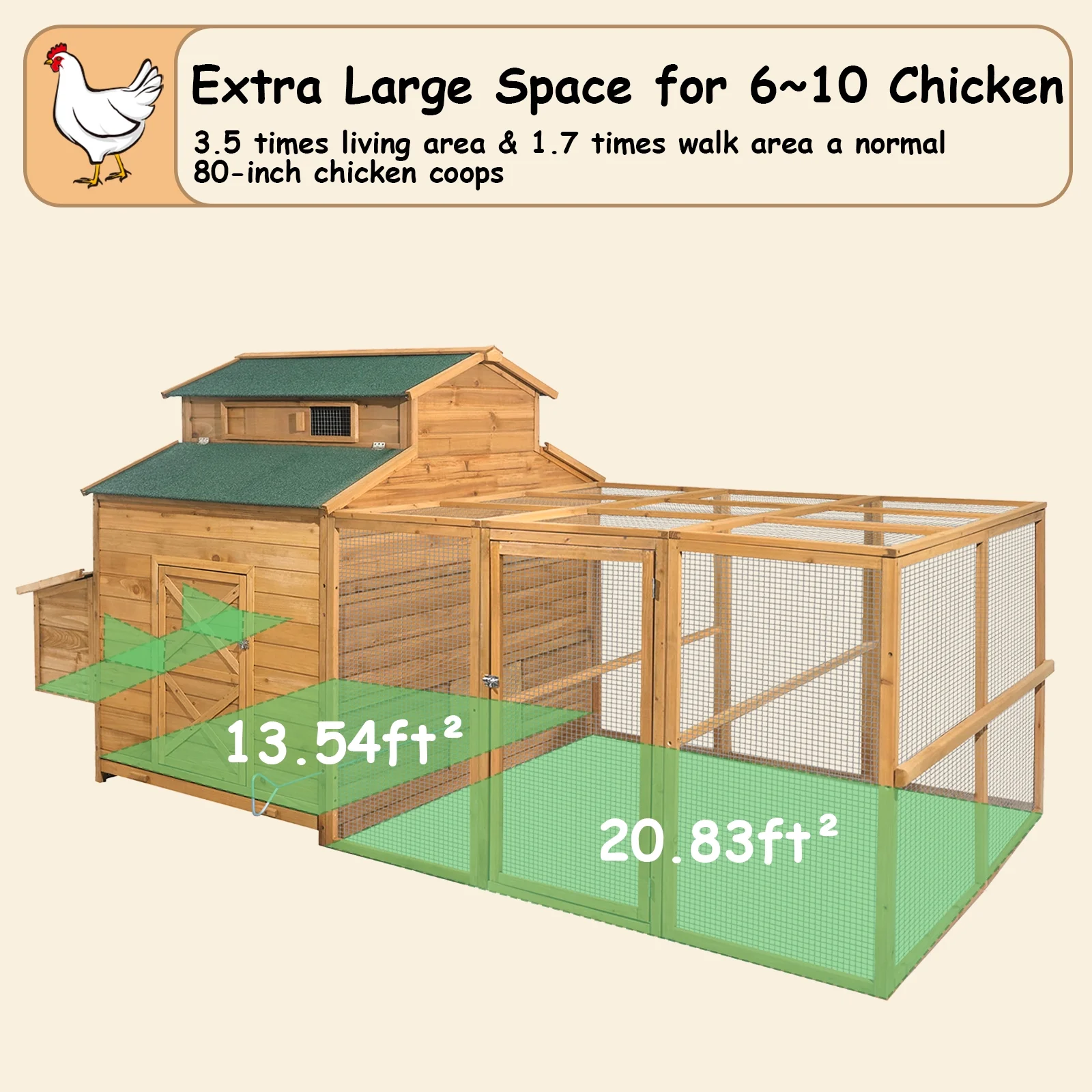 Chicken Coop for 6-10 Chickens, 112" Extal Large Chicken Coops, with Chicken Run & Nesting Box & Secure Enclosure, Outdoor Wooden Hen House Hutch for Rabbit, Poultry Pet, Duck - Image 12