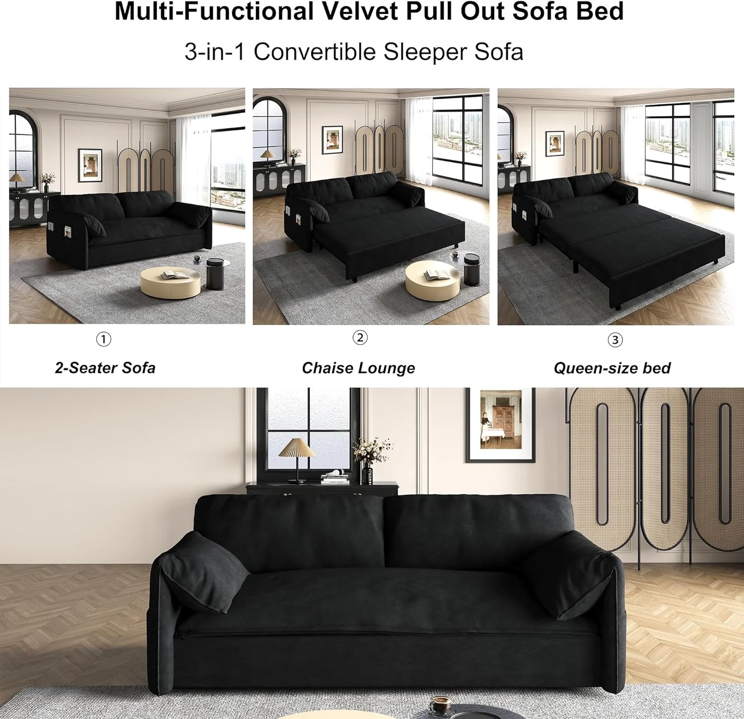 Tabaray 63.8" Futon Sofa Bed Queen Size, Pull Out Bed, 3-in-1 Convertible Sleeper Sofa with Side Pocket, Modern Plush Velvet Futon Couch for Living Room, Small Space, Apartment, Bedroom, Black - Image 13