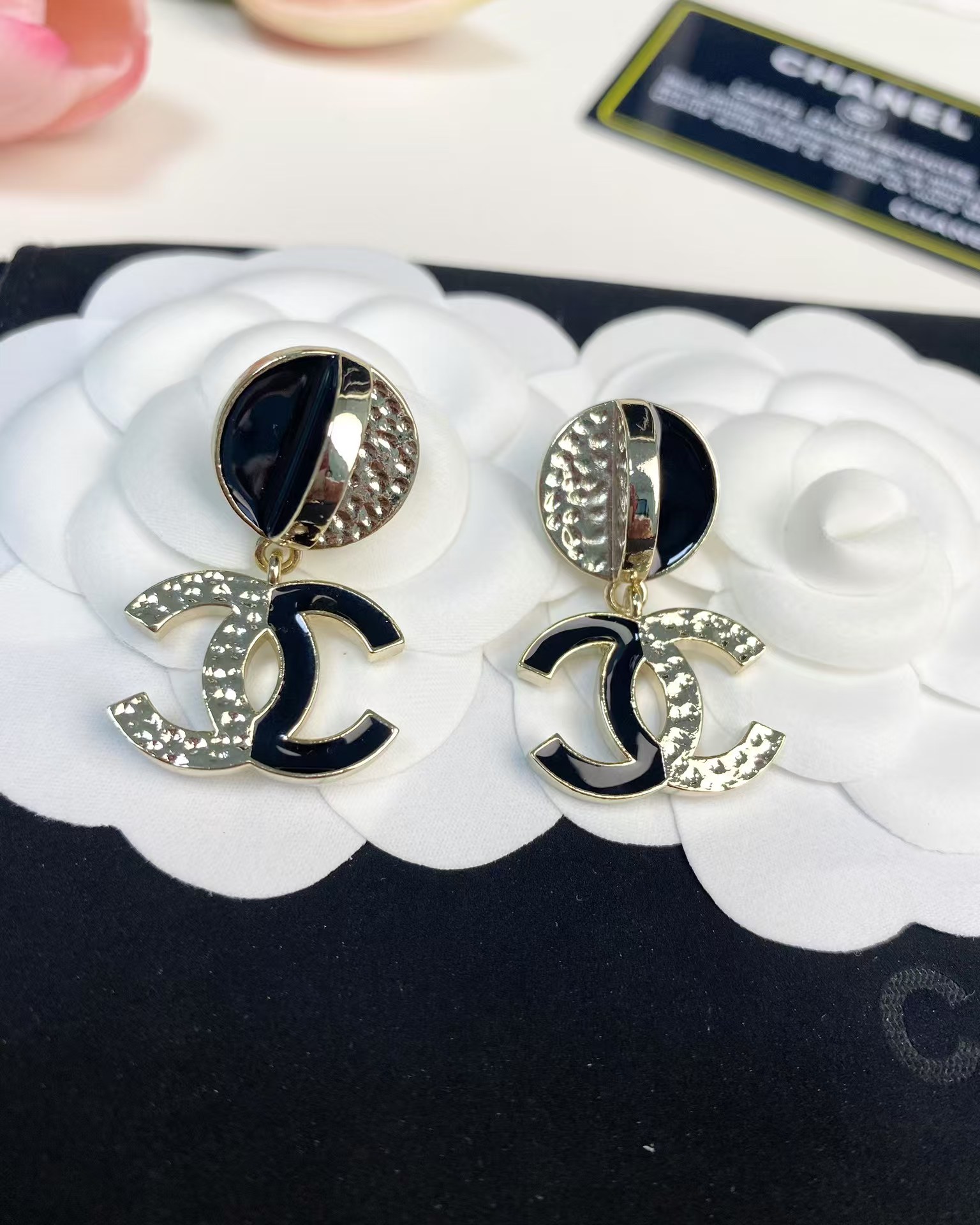 Chanel Half Black Enamel Double C Dangle Earrings - Original Replica Club
