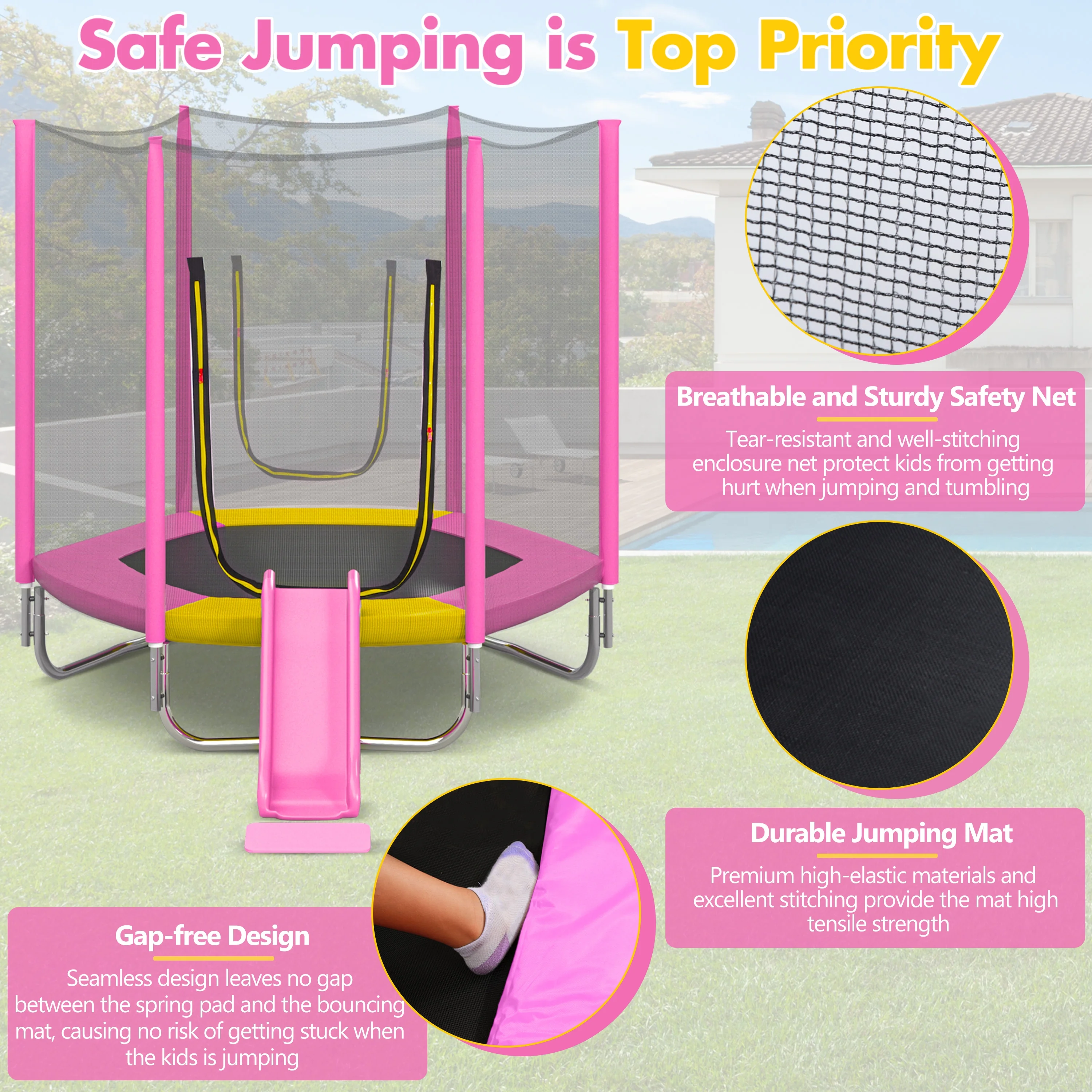 EUROCO 7FT Trampoline with Removable Slide, Kids Indoor Outdoor Trampoline with Enclosure Net and Ladder, Pink - Image 4