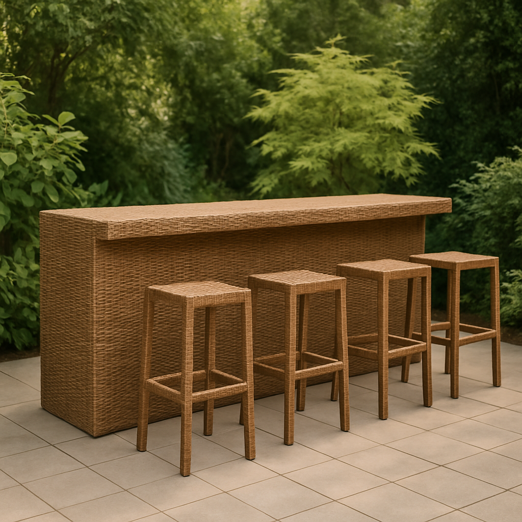 Bar de jardín mesa alta con taburetes, ratán, para exterior, 120 cm largo x 55 cm ancho x 110 cm alto
