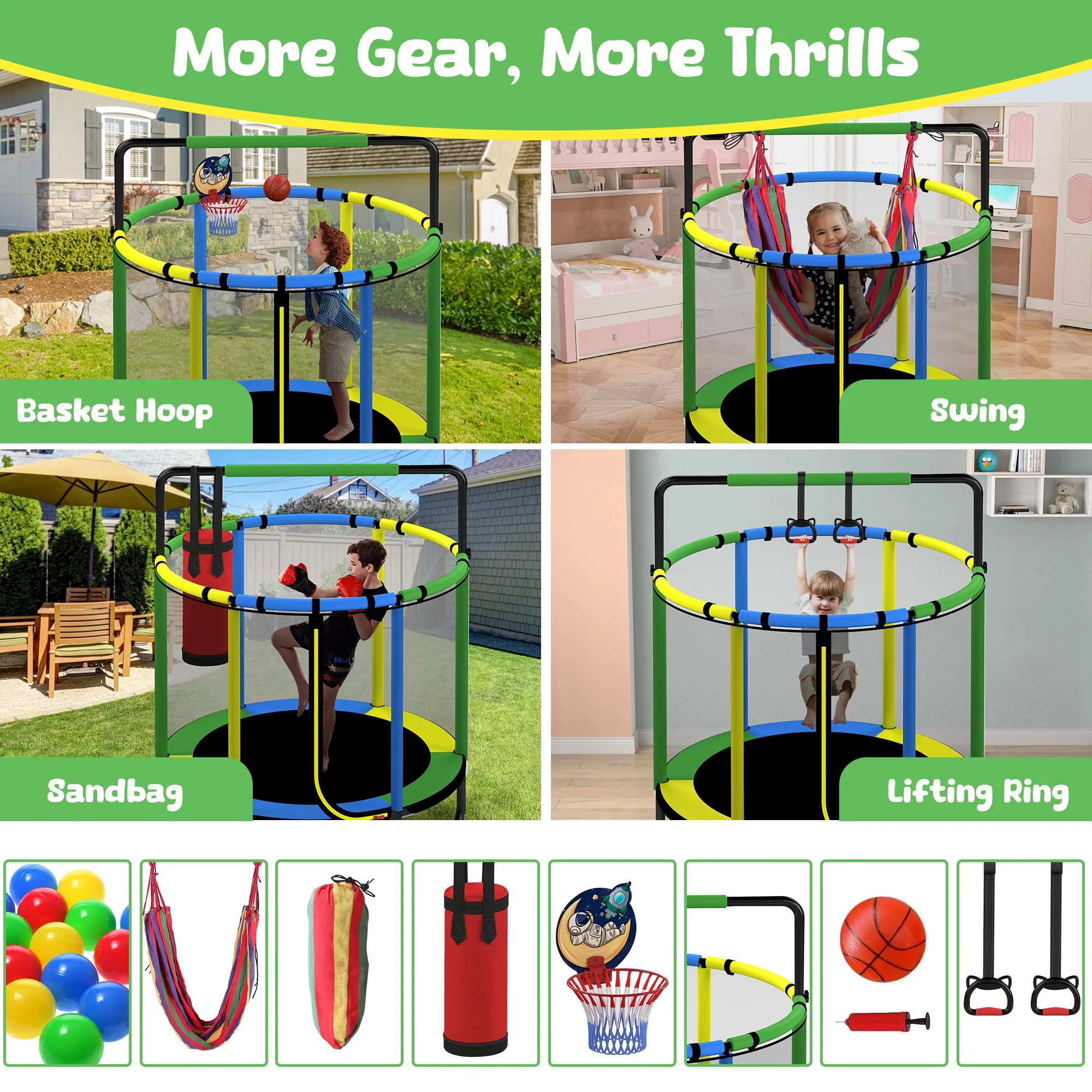 Mini Round Trampoline for Kids with Basketball Hoop, SEGMART 55'' Indoor Outdoor Toddler Trampoline with Enclosure Net, Swing, Sandbag, Ring, Ocean Balls, Small Trampoline Gift for Boys Girls, Blue - Image 23