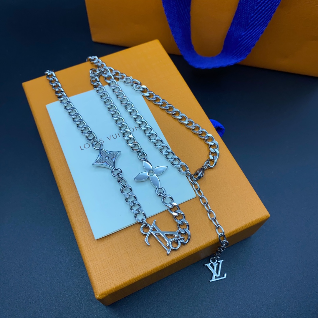 Louis Vuitton Silver Cuban Chain Monogram Necklace Mens - Original Replica Club