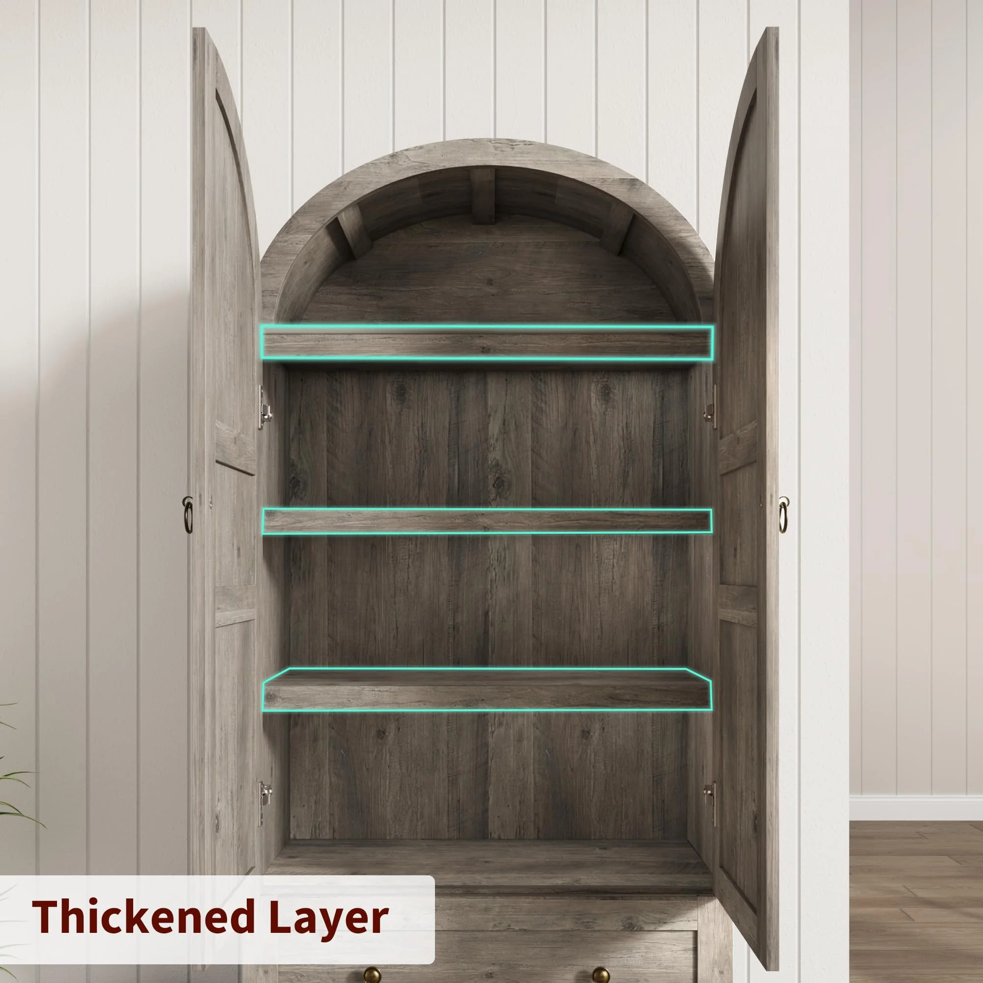 Luku 72" Tall Arched Kitchen Pantry Cabinet, Farmhouse Wood Storage Cabinet with Glass Door, 2 Large Drawers, Freestanding Organizer for Dining Room & Living Room - Image 11
