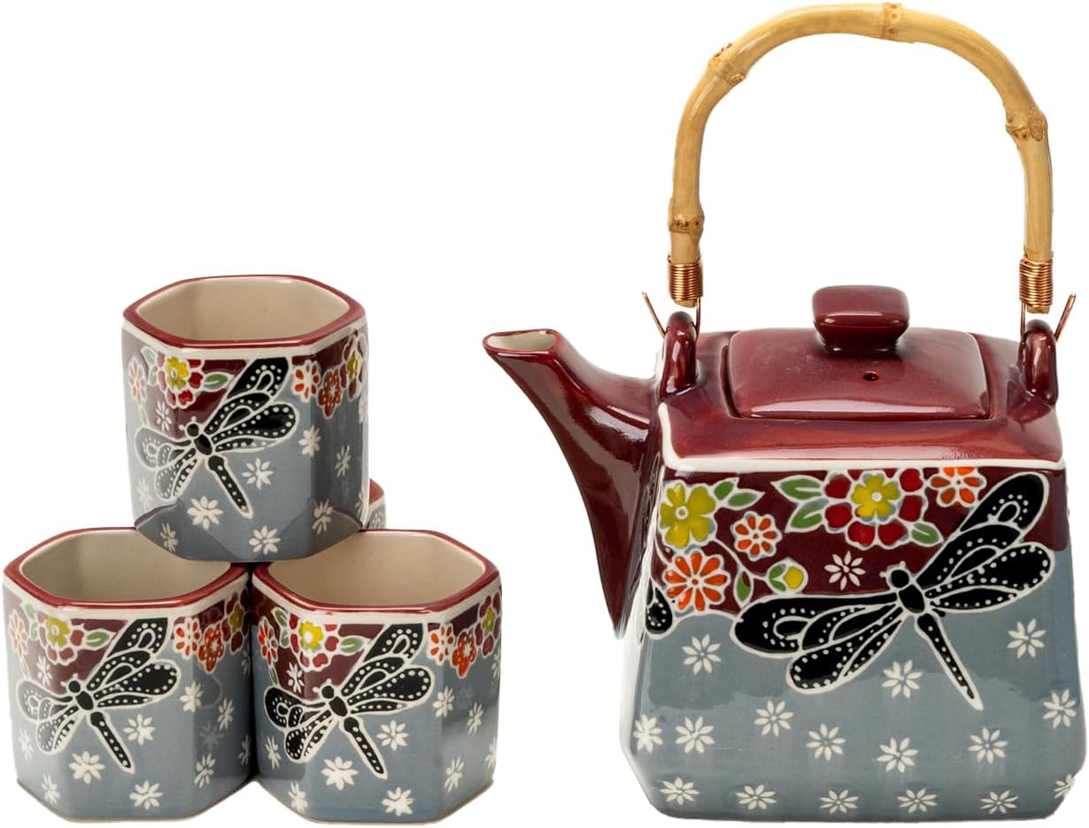 Urban Tokyo Japanese Style Cube Shape 20oz Porcelain Tea Set Teapot with Strainer, Wooden Handle and 4 Hexagon Tea Cups, Dragonfly Tombo Floral Design
