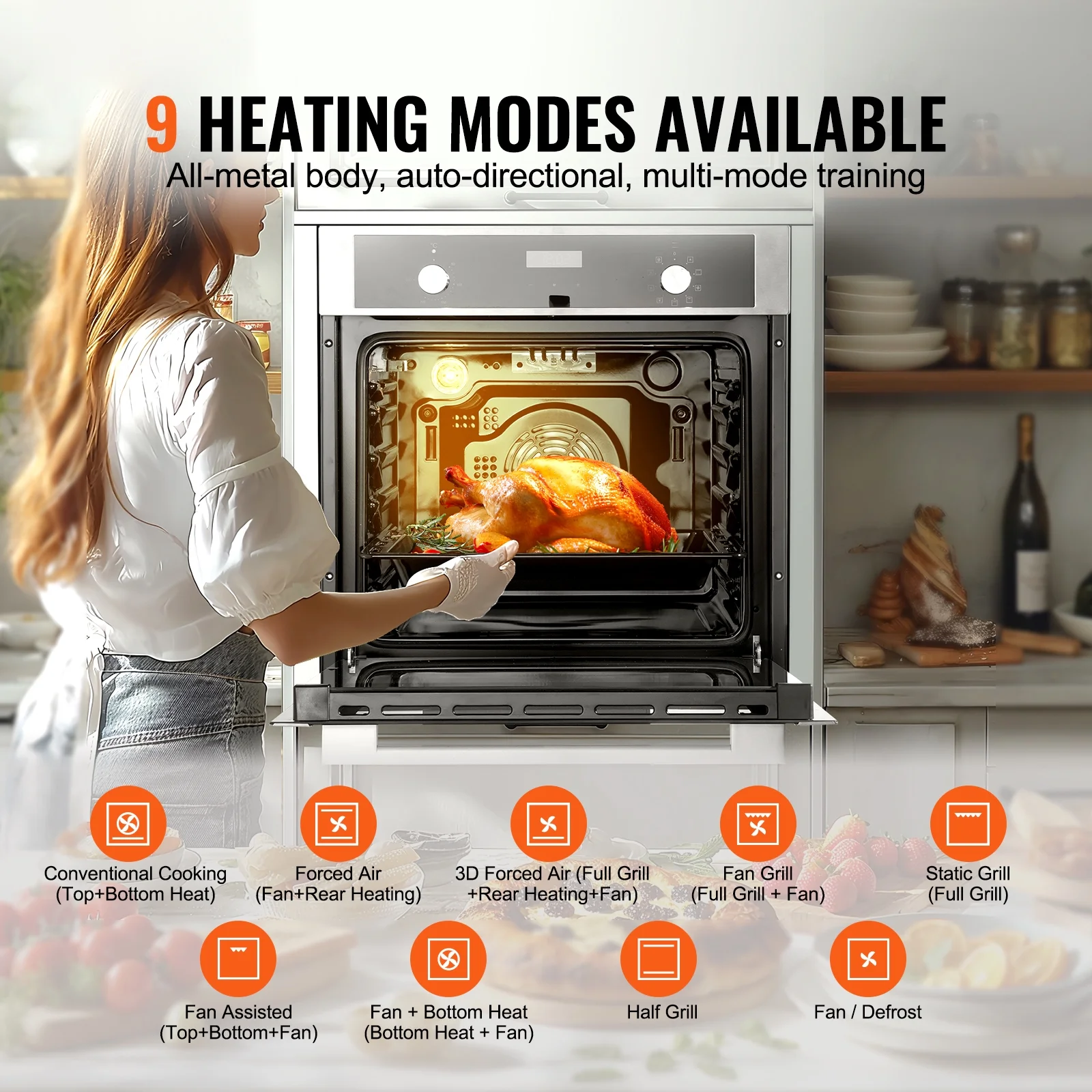 KFFKFF Single Wall Oven, 24" Electric Oven for Built-in Installation, Offers 9 Cooking Modes, 2.68 Cu.Ft Capacity, Includes Timer, 2800W Power - Image 7