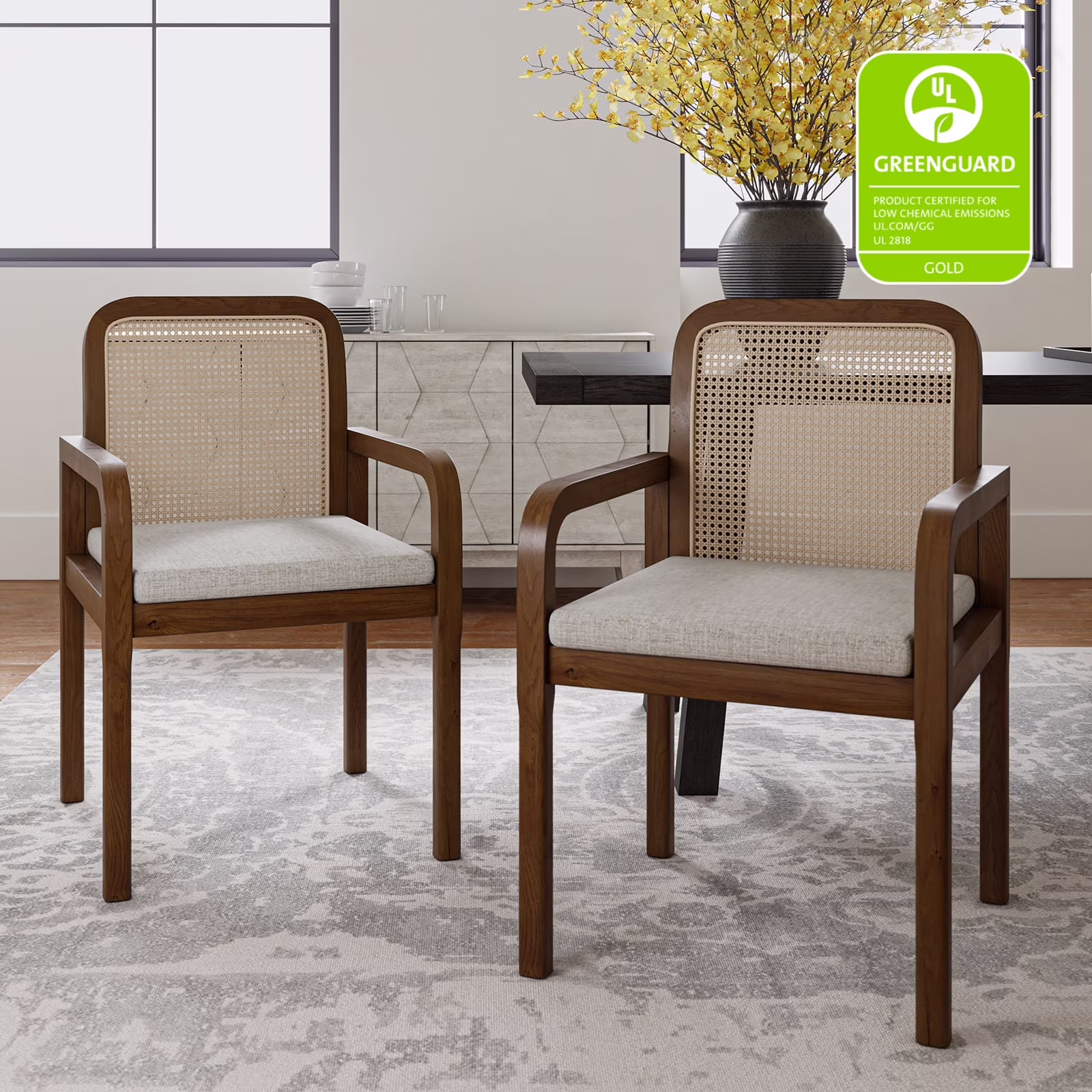 Rattan Dining Chairs Set of 2 Wooden Armchairs Removable Cushion Home Kitchen Restaurant Acorn(ACORN/2 Pack/Oval Rattan)