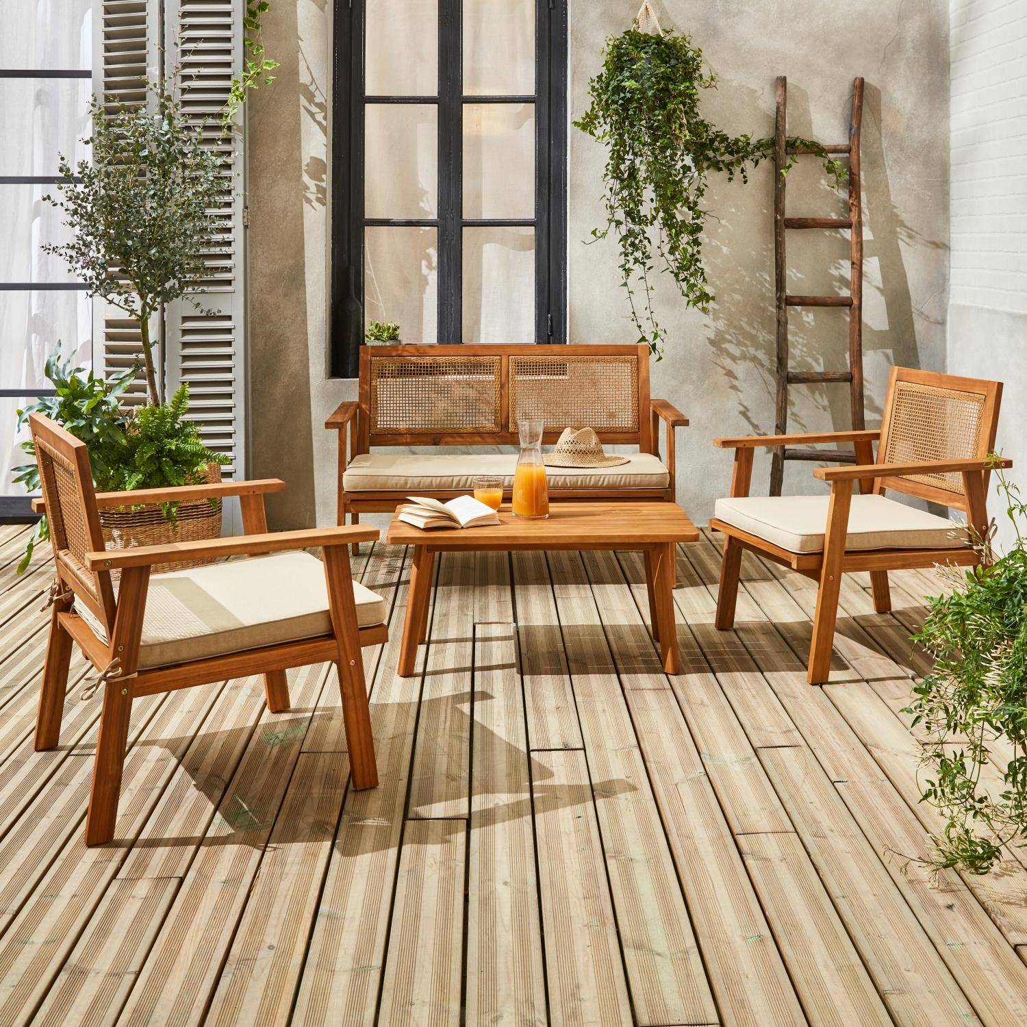Bohemia - Conjunto de jardín en madera y caña cuadrada, 4 plazas
