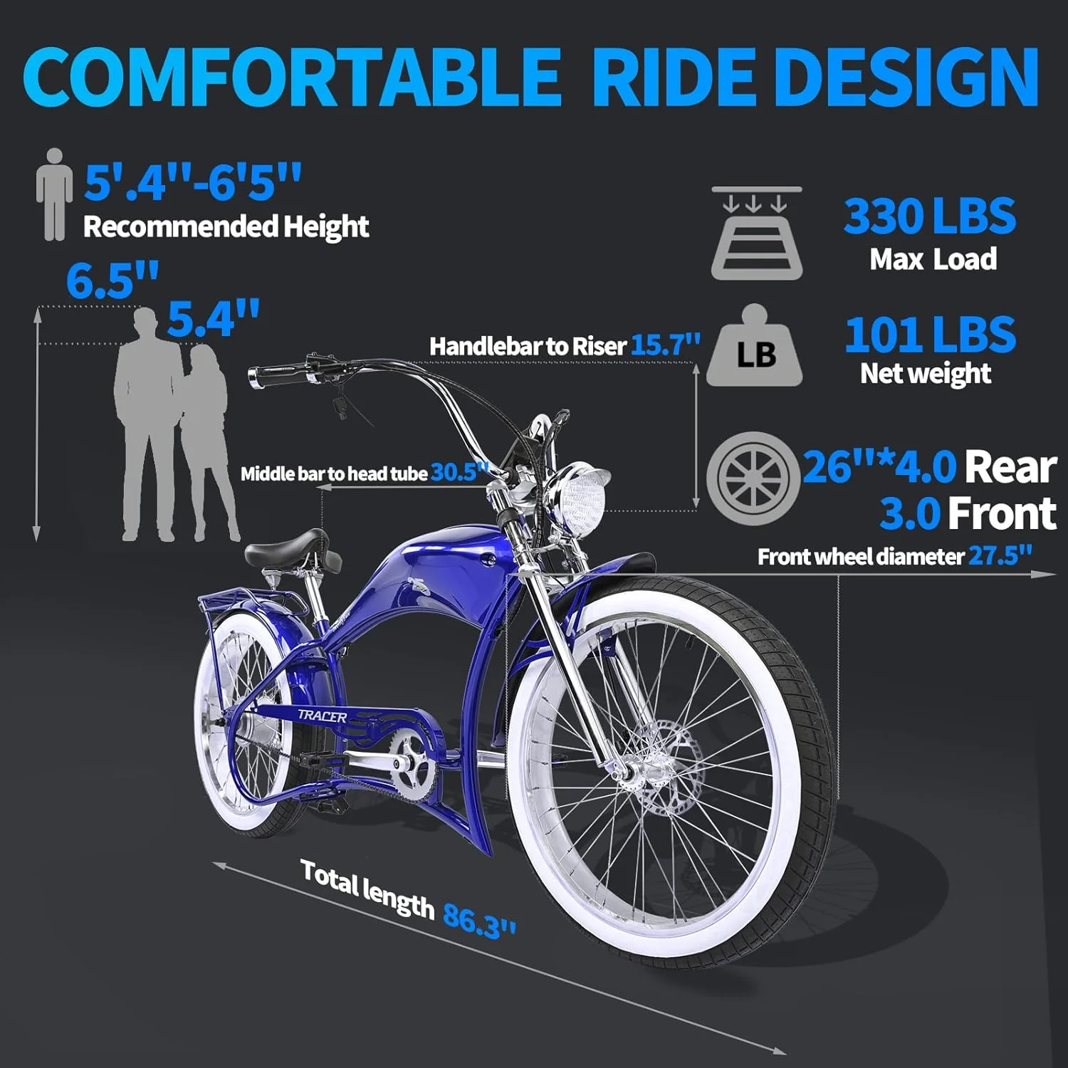 Twenty5 GT 800W Chopper Stretch Cruiser Ebike, 26" Wheels, Supsension Triple Tree Fork, White Wall Tire, Disc Brake, for Men, Blue - Image 7