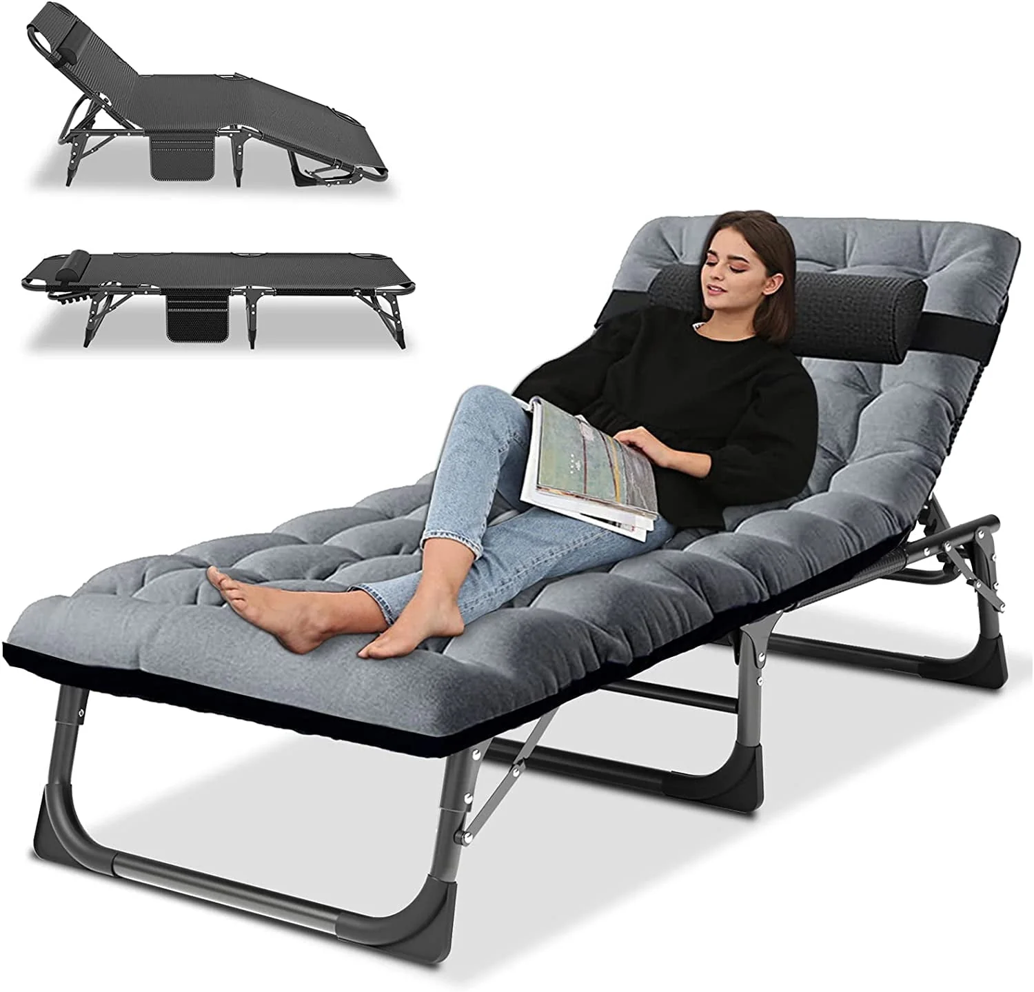 SLSY Folding Camping Cot with 2 Sided Cushion & Pillow, Adjustable 5-Position Outdoor Portable Folding Lounge Chair, Folding Sleeping Cots Bed - Image 6