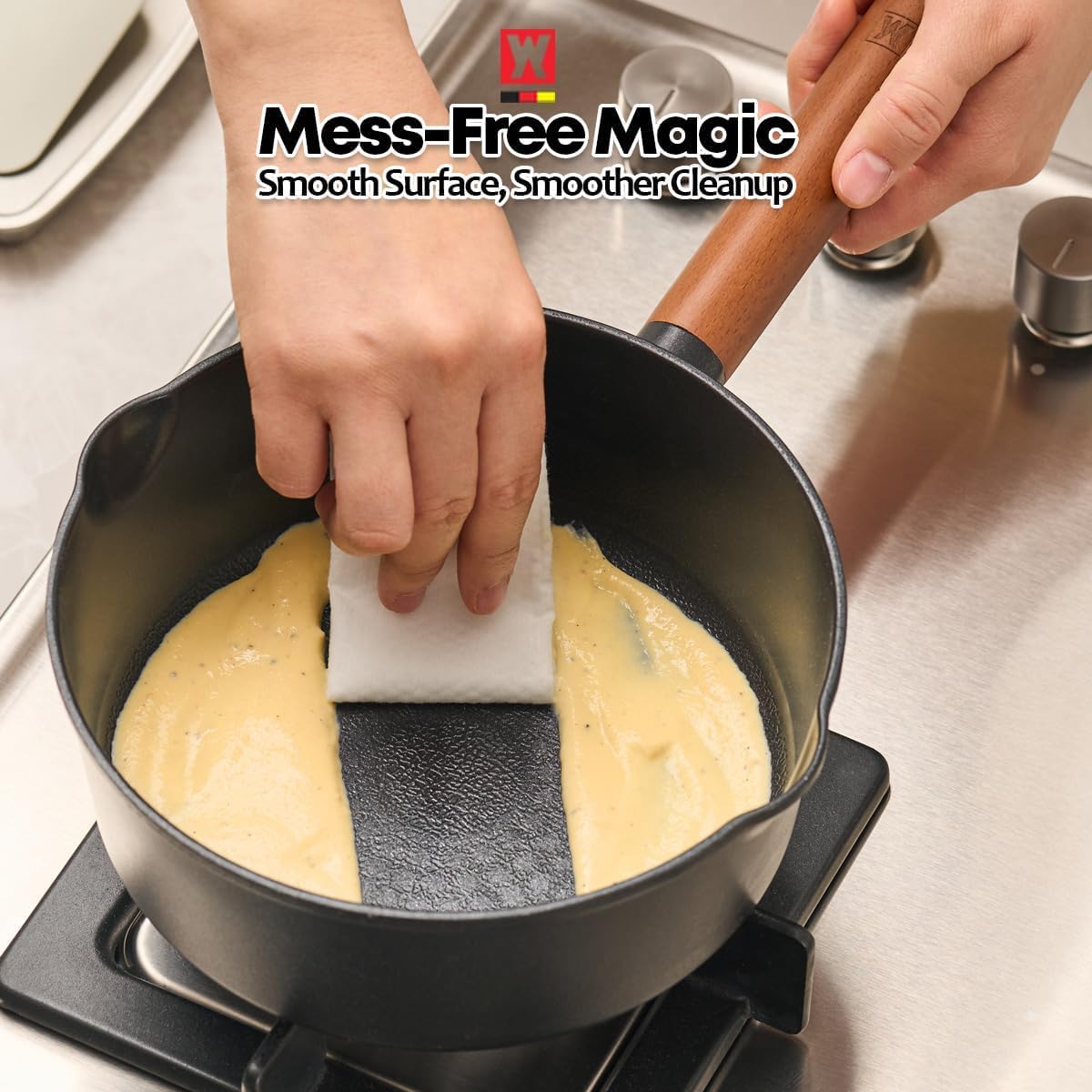WAGENSTEIGER Aluminum Saucepan with Titanium Coated Non-Stick Surface, 7-Layer Coating With Zelkova Wooden Handle, For Professional Chef & Home Cook, Made in Korea (14.76