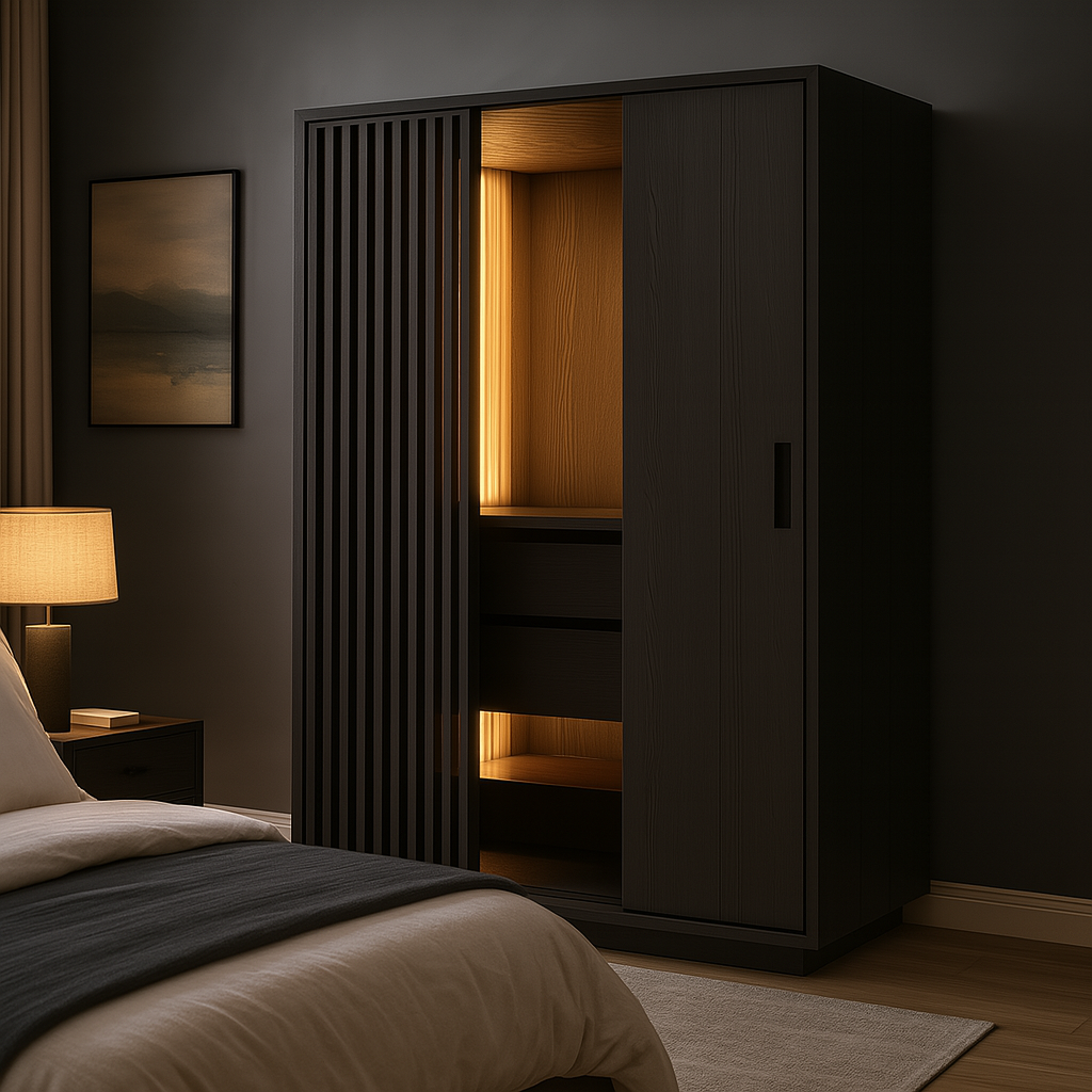 Armario de Lujo Minimalista en Negro con Iluminación Interior LED
