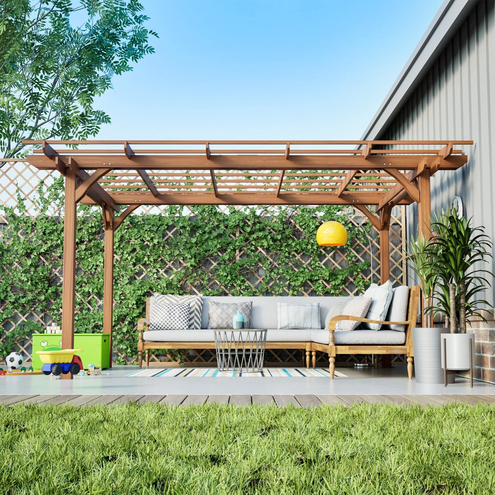 12 x 10 FT Outdoor Pergola, Wooden Pergola Gazebo with Climbing Plant Support and Waterproof, for Patio Porch Garden Backyard, Brown - Image 9