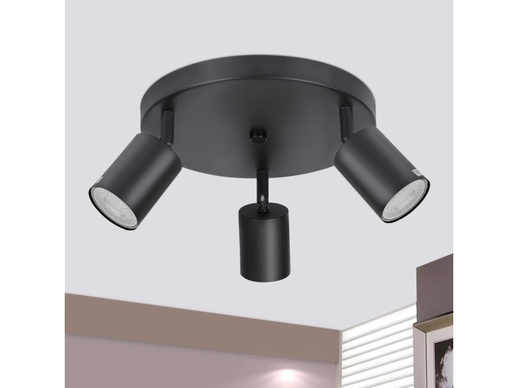Casaplu, lámpara de techo LED en color negro, emisor de techo - Lámpara de techo con 3 focos redondos, spots para techo GU10, emisor de luz metálico, lámpara para cocina, giratoria 350°, luz de foco para salón, dormitorio, cocina, pasillo - Sin bombi