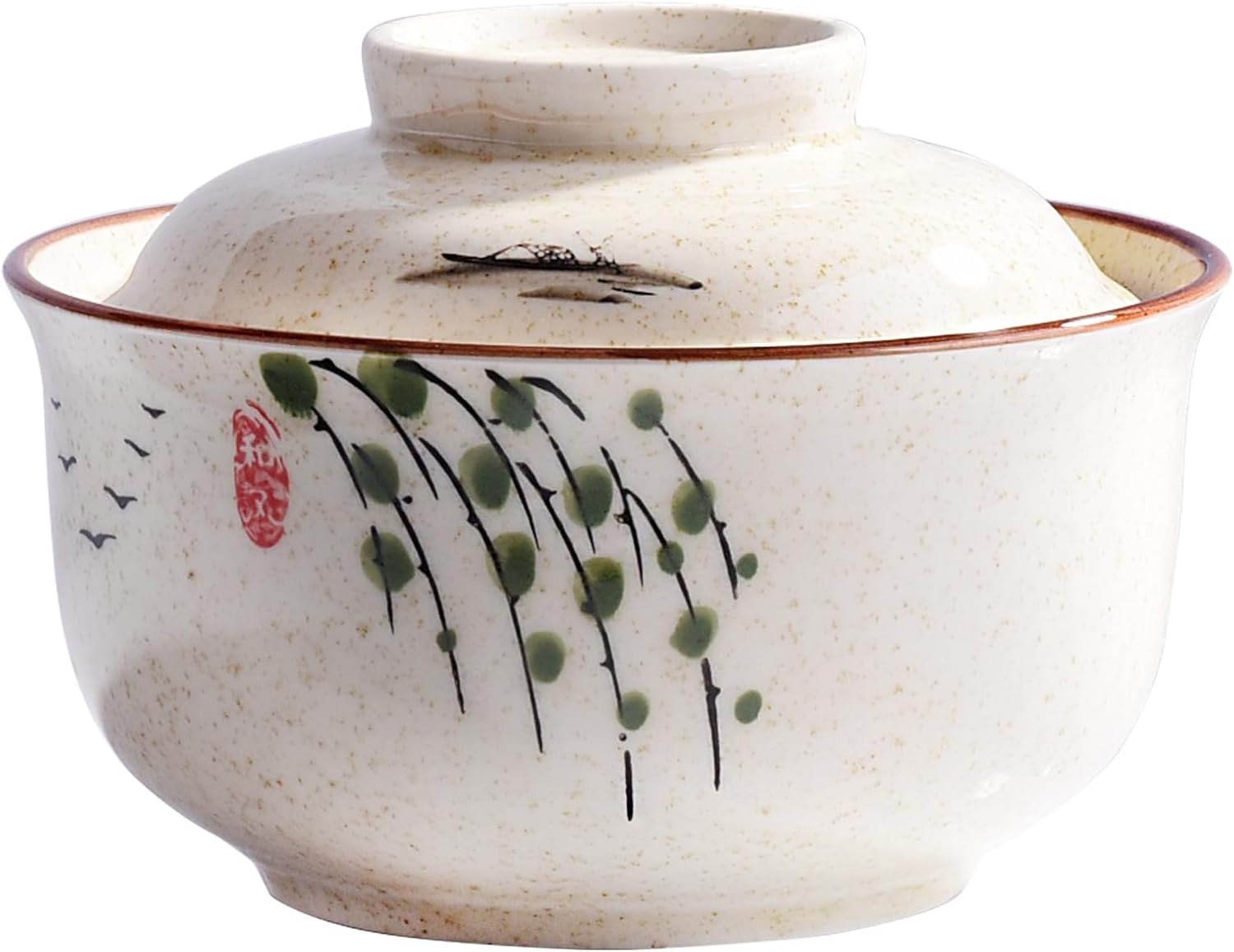 Japanese Style Ceramic Lidded Bowl, 25.4 oz Hand-Painted Ceramic Rice Bowl with Lid, Microwave & Dishwasher Safe Soup Bowl for Rice, Stew, Dessert, Kitchen Dining Tableware