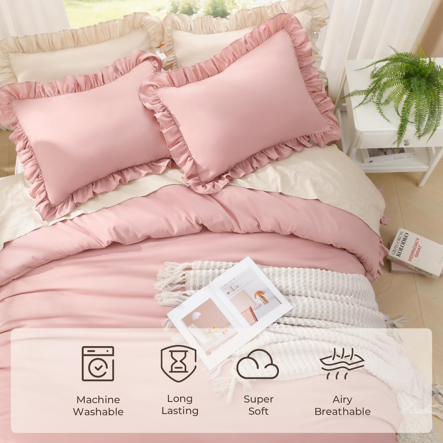 3 Pieces Pink Ruffle Edge Comforter Set Vintage Shabby Chic Style All Season Soft Breathable for Bedroom Home