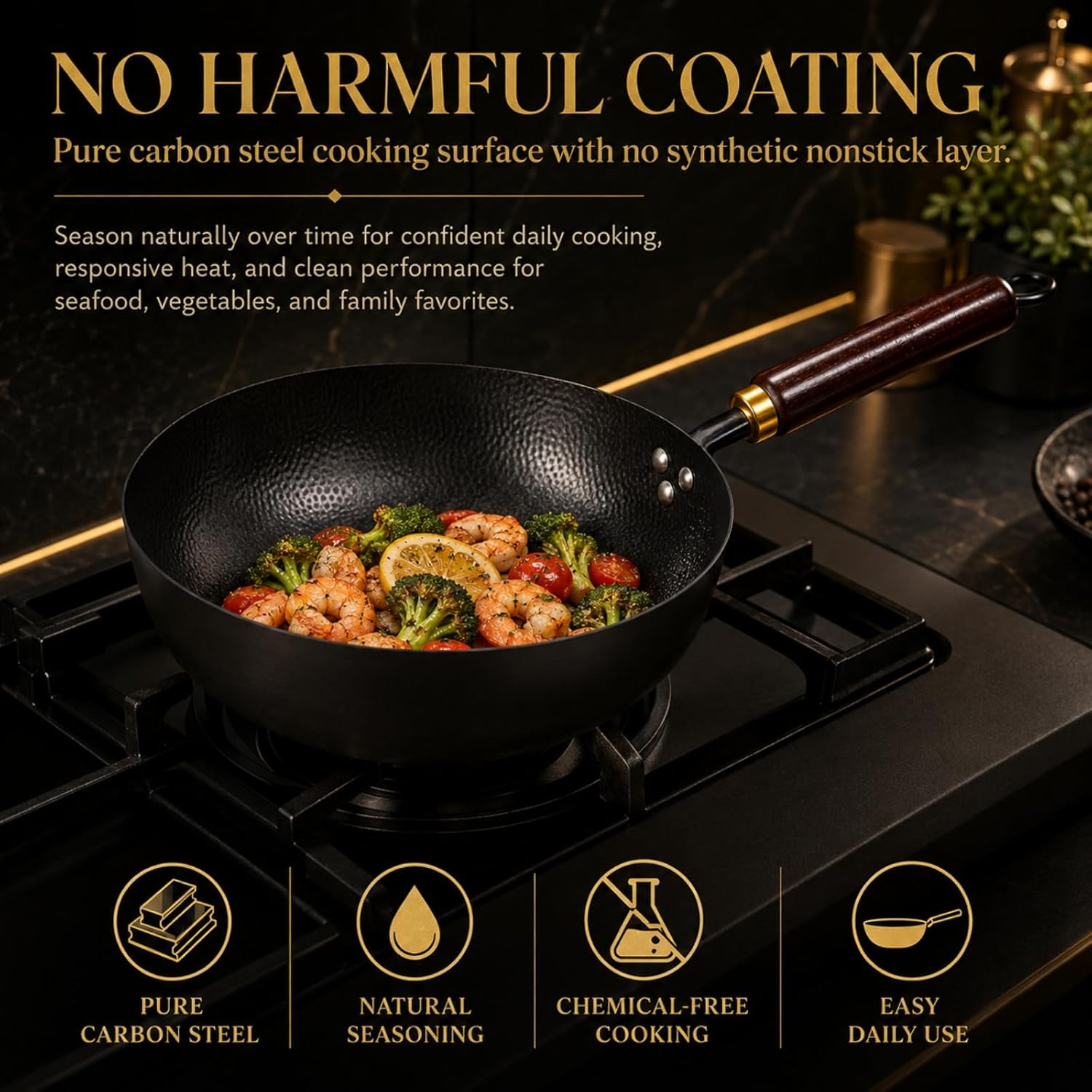 Calmabode Carbon Steel Wok with Lid, 10 Inch Hand Hammered Deep Flat Bottom Wok Pan, Pre-Seasoned Nitrided Stir Fry Pan, Detachable Handle, Oven Safe, All Stovetops, Induction Compatible