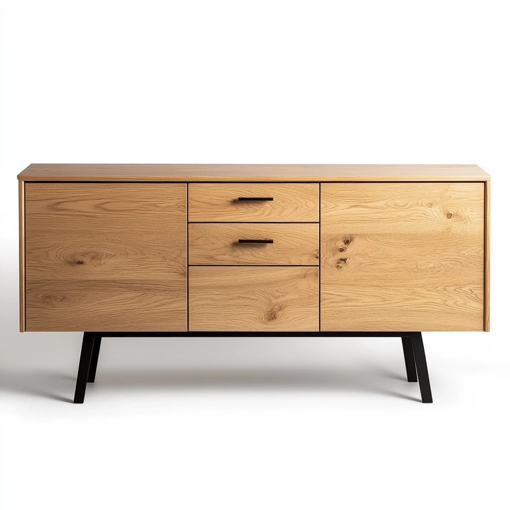 Aparador de madera maciza de roble marrón con patas de acero negro 150x40x75 cm
