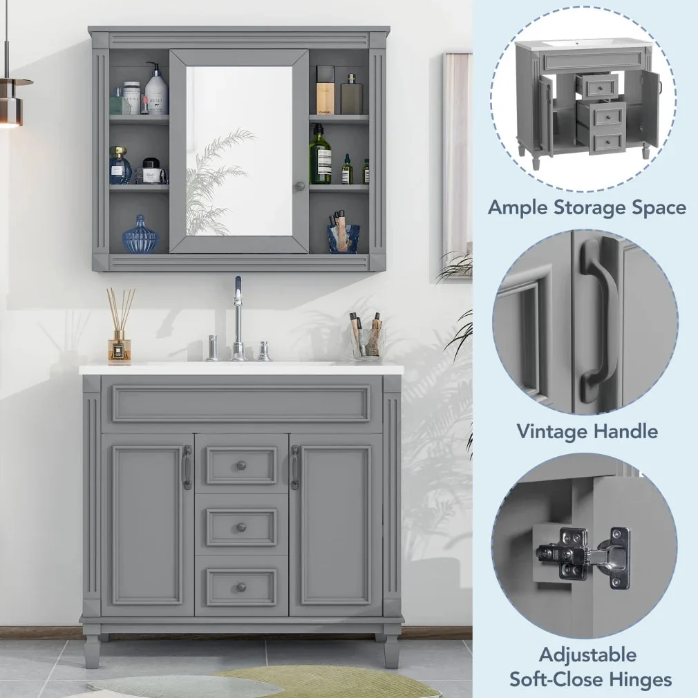 36'' Bathroom Vanity Set With Ceramic Sink Top, Mirror Cabinet, 2 Doors And 2 Drawers - Gray - Image 5 36'' Bathroom Vanity Set With Ceramic Sink Top, Mirror Cabinet, 2 Doors And 2 Drawers - Gray - Image 5