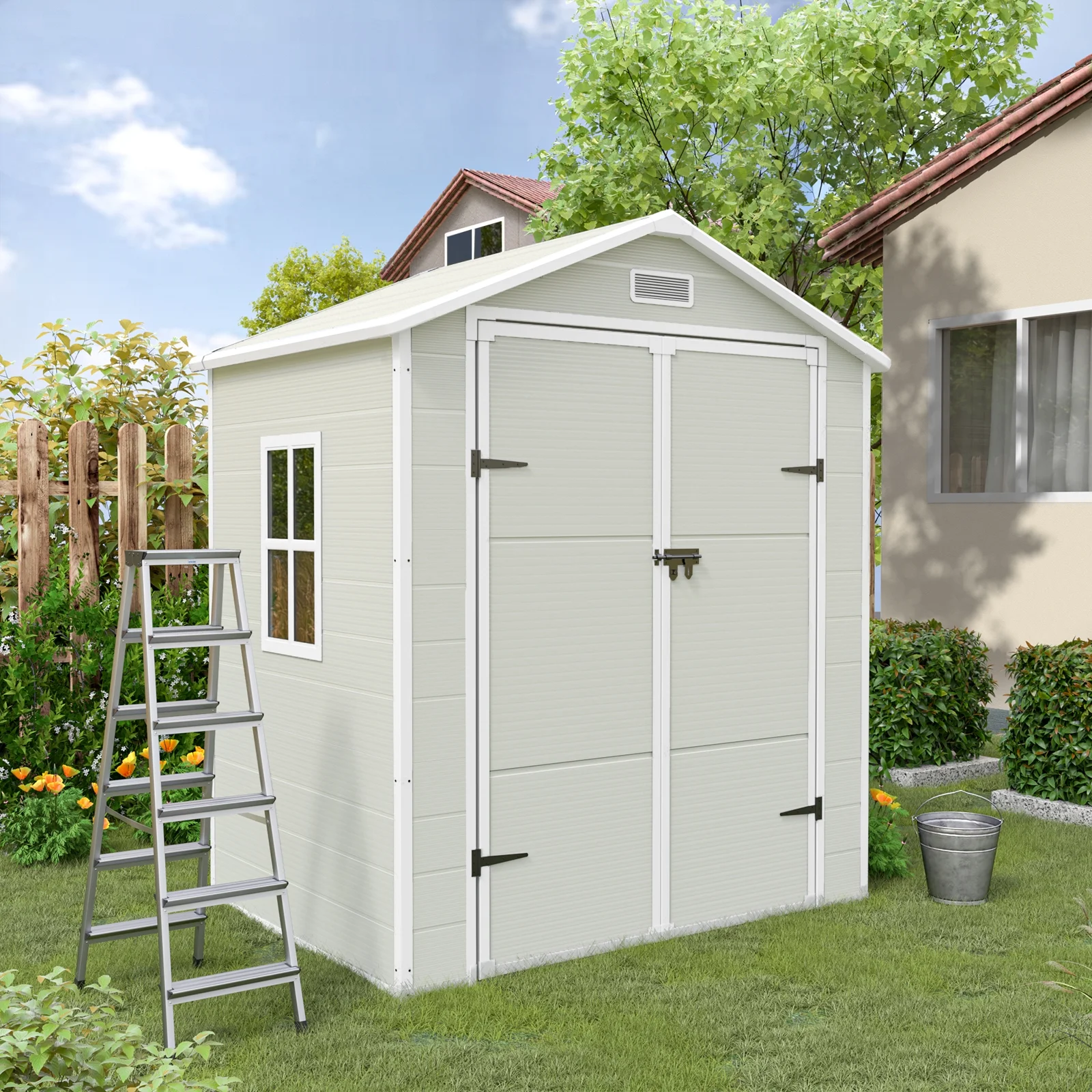 ECOPATIO Outdoor Storage Shed 5x3 FT, Resin Garden Shed for Bike, Tool, Plastic Outside Sheds & Outdoor Storage Storage Box with Lockable Door for Backyard, Patio, Lawn, Sandstone - Image 20