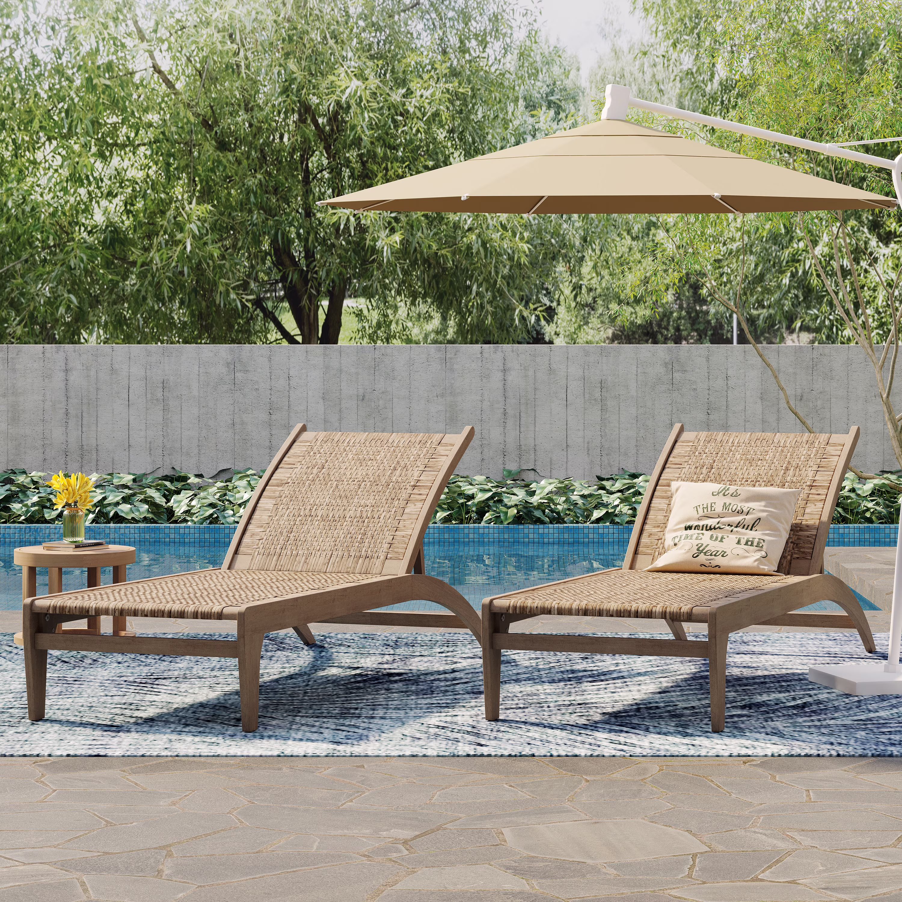 Shane Acacia Wood and Flat Wicker Outdoor Chaise Lounge, Light Brown and Light Multibrown