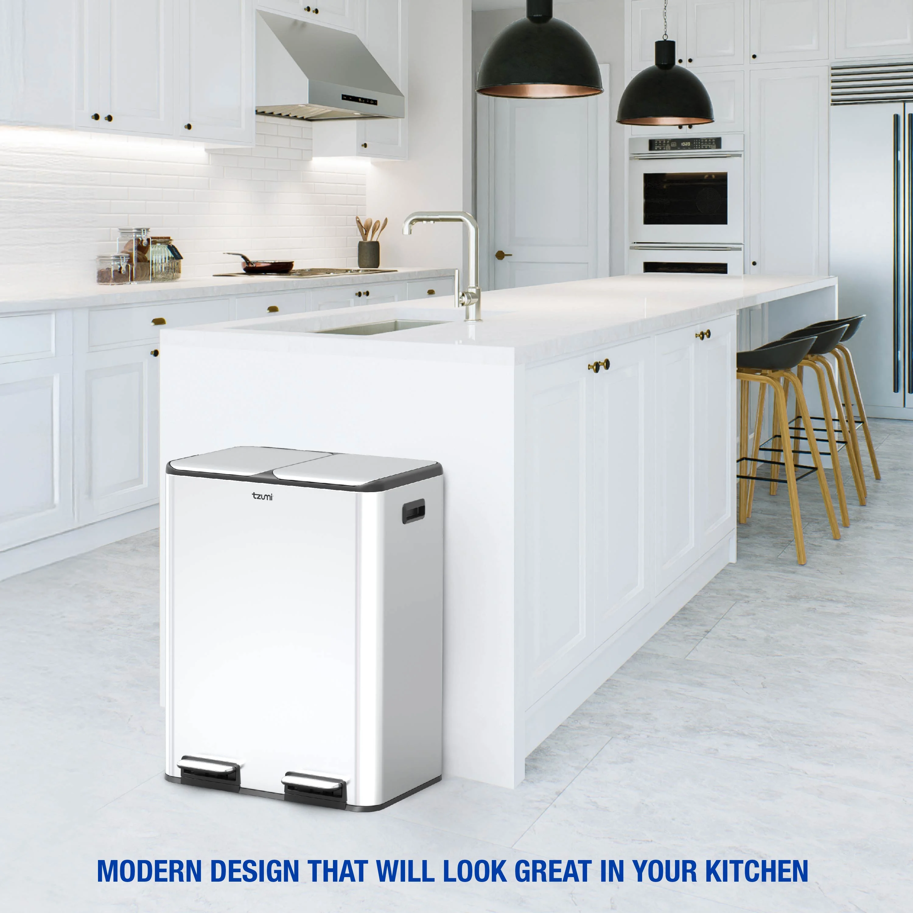 Tzumi Dual-Compartment Recycling Bin Stainless Steel Trash Can for Kitchen, 16 Gallon Total - Image 4