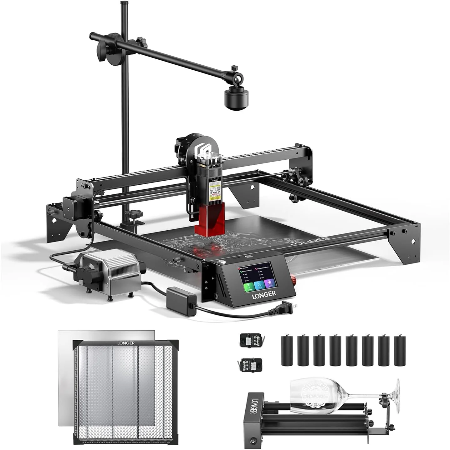 Longer RAY5 10W Laser Cutter and Laser Engraver for Tumblers, with Rotary Roller Bundle, 17.3x 17.3 Honeycomb Working Bed, Camera Kit, and Air Pump Laser Engraver for Wood and Metal, Acrylic