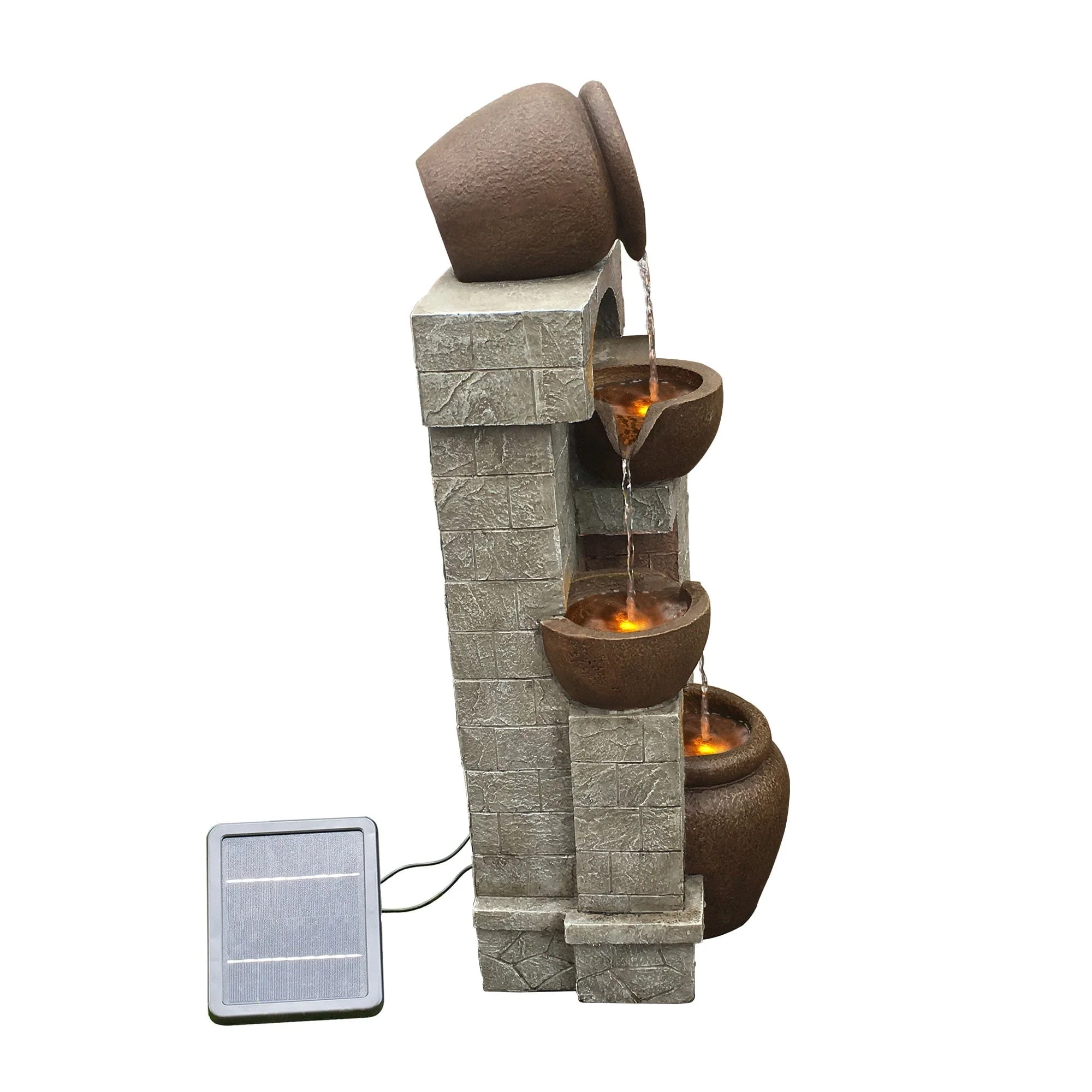 Teamson Home 28.5" Solar Powered 4-Tier Cascading Bowls & Stacked Stones Garden Water Fountain with LED Lights, Brown - Image 6