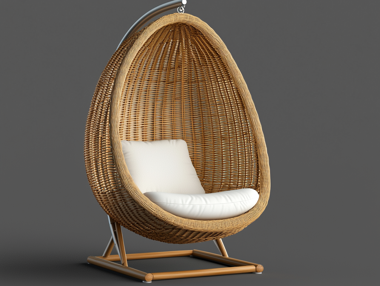 Silla colgante tipo huevo para interior y exterior con cojín blanco, ratán natural