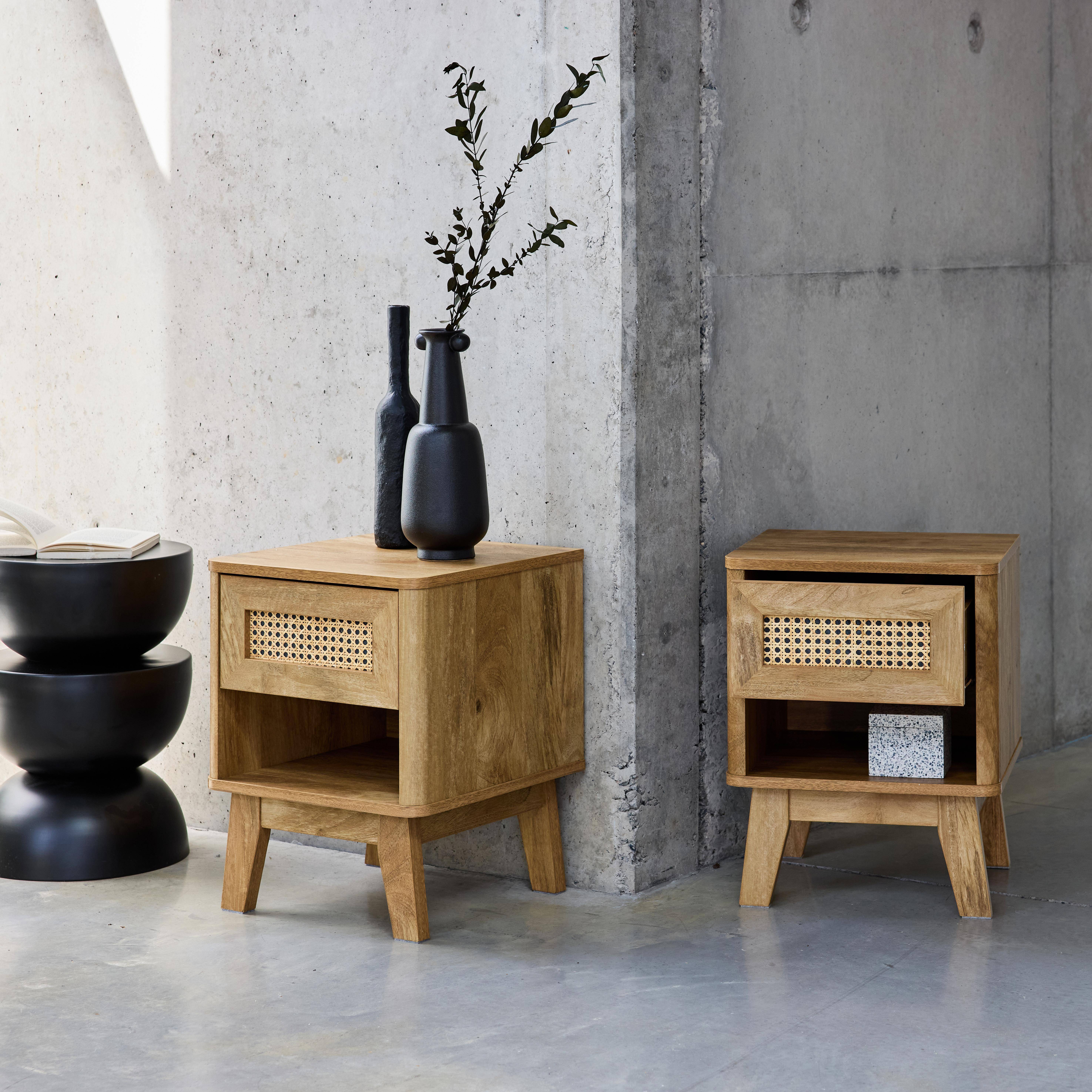 Mani - Mesita de noche efecto madera y caña, set de 2