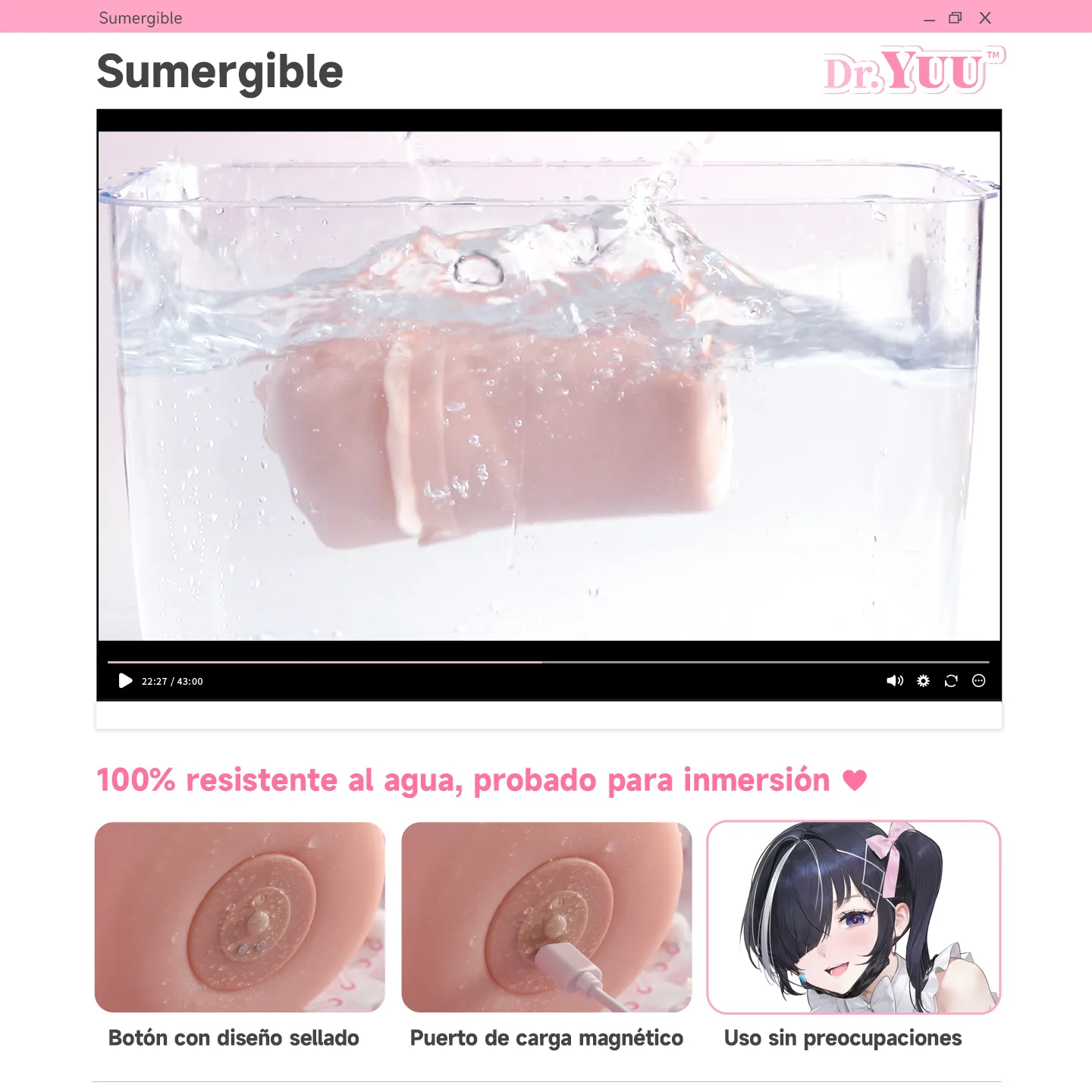 El onahole Dr.YUU sumergido en agua, demostrando su diseño sumergible 100% resistente al agua con puerto magnético
