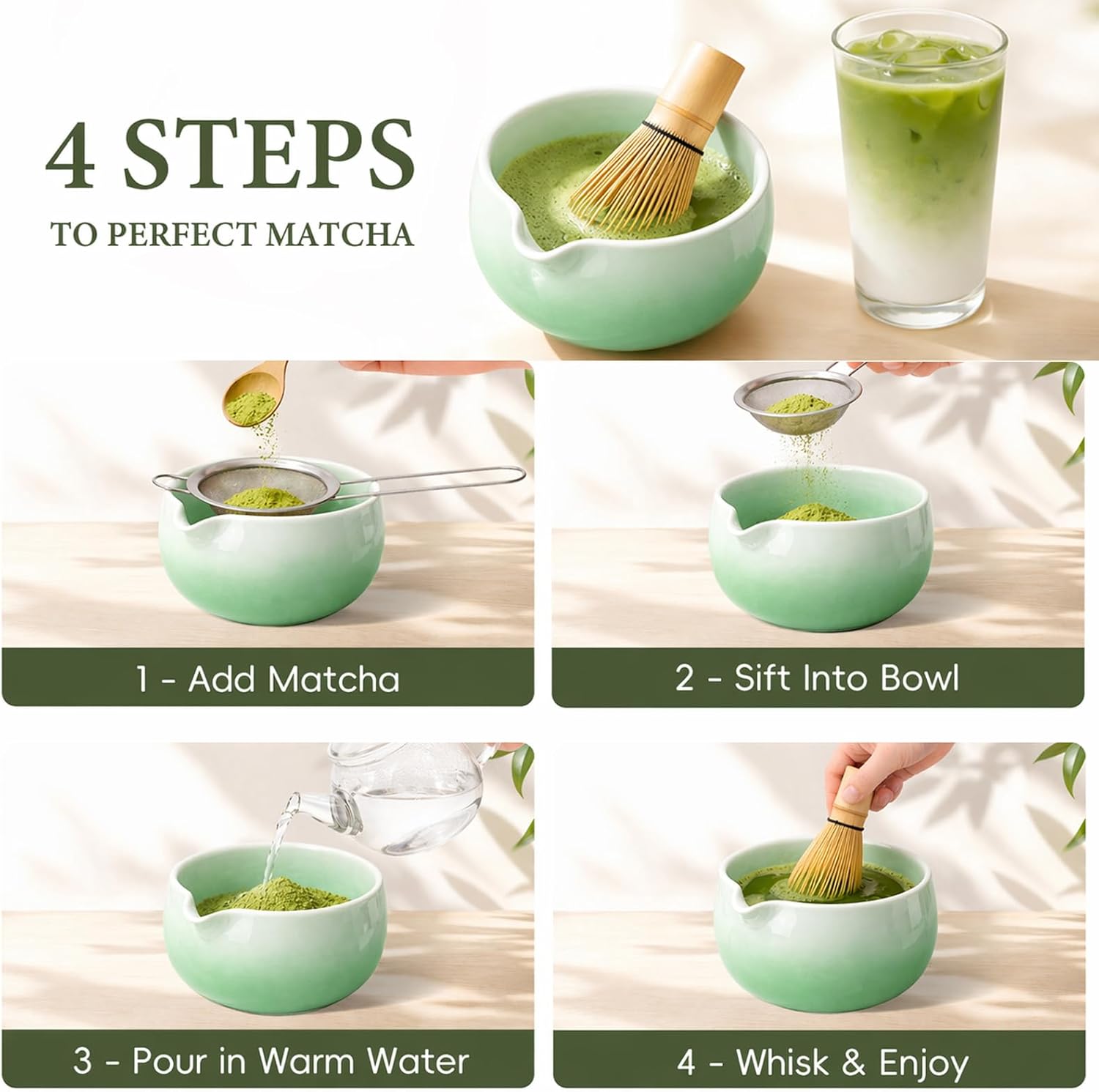 Matcha Whisk Set, Ceramic Matcha Set Includes Bowl & Holder, Bamboo Whisk (Chasen), Scoop, Spoon and Sifter, 6PCS Matcha Kit Covers Everything Needed for Making Matcha (Green)