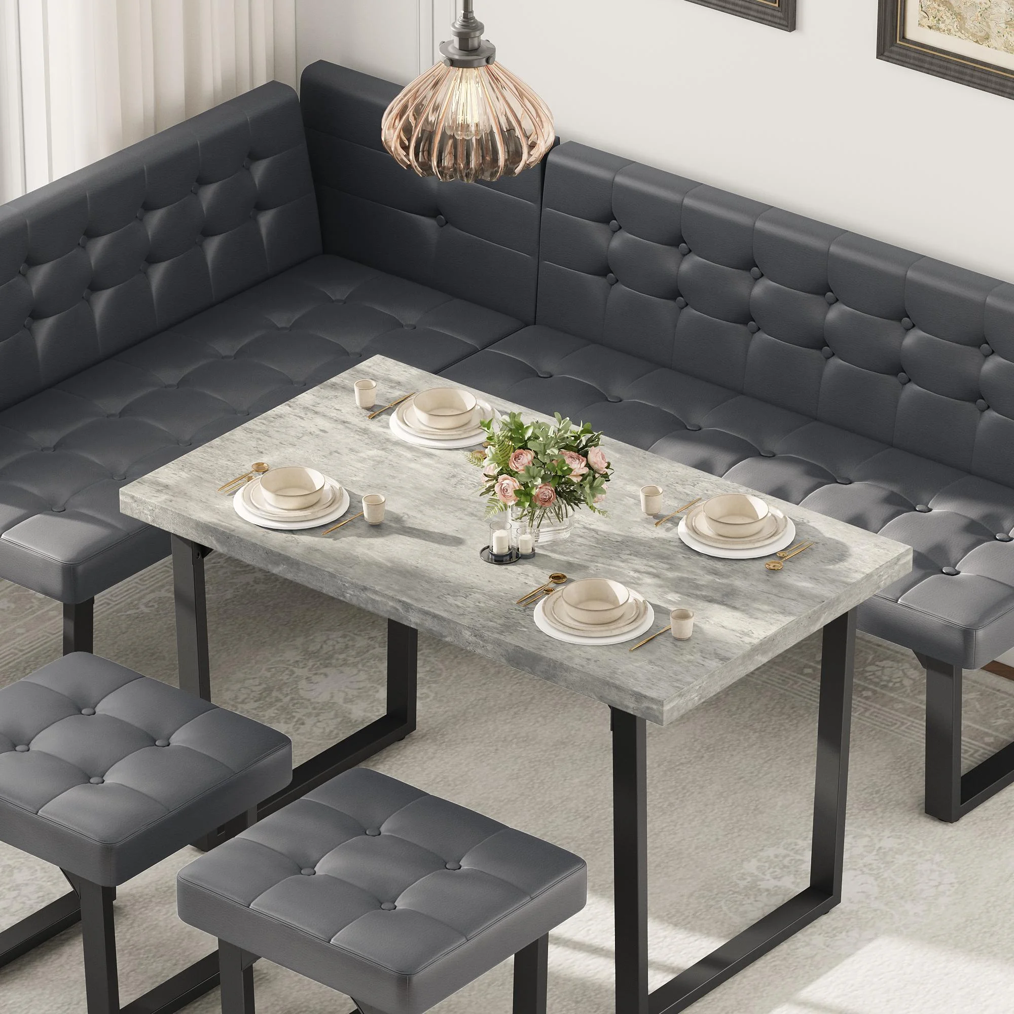 Brafab 5 Piece Corner Dining Breakfast Nook with Table and Bench Modern Kitchen Table Set with Gray Upholstered Banquette Seating - Image 6