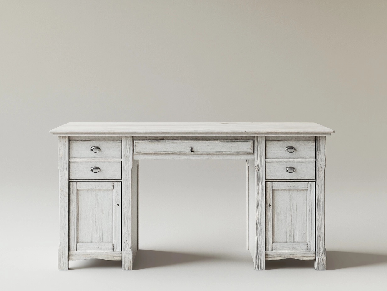 Escritorio de madera blanco rústico para oficina y estudio con cinco cajones y dos armarios 120x60x76 cm